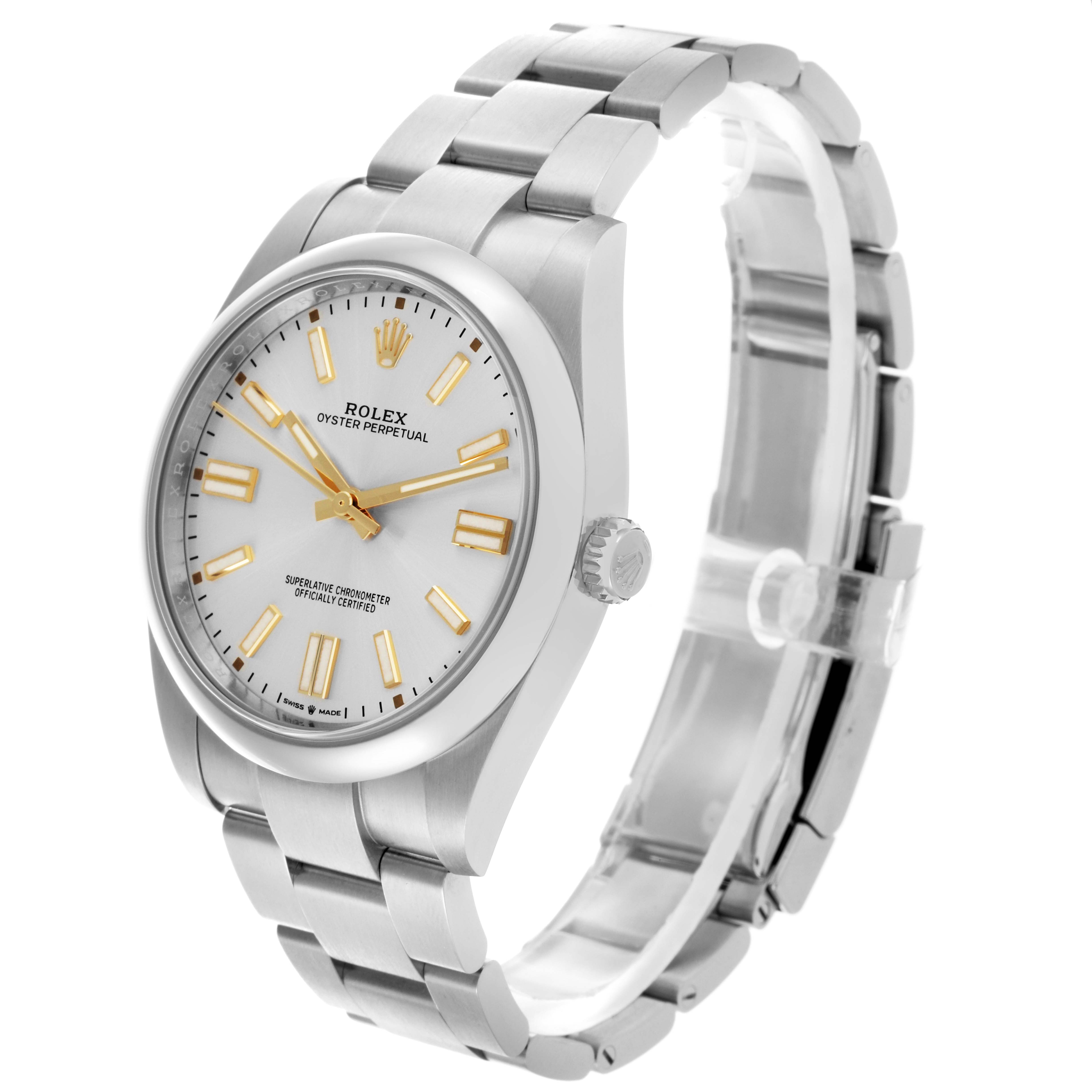 The Rolex Oyster Perpetual 124300 Men's Stainless Steel Silver Dial 124300 Men's Stainless Steel Silver Dial watch is shown at a three-quarter angle, displaying the dial, case, crown, and bracelet.