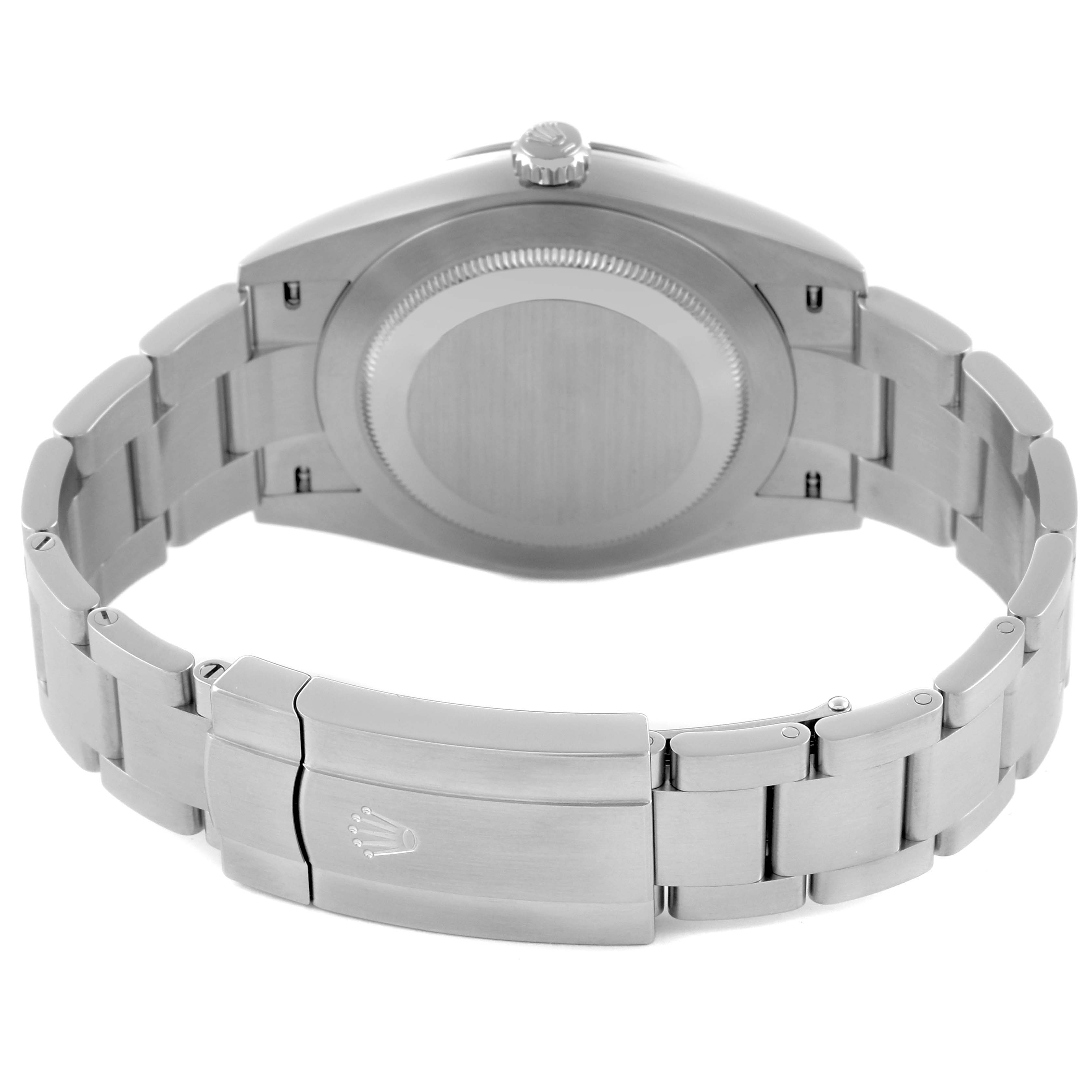 The Rolex Oyster Perpetual 124300 Men's Stainless Steel Silver Dial 124300 Men's Stainless Steel Silver Dial watch is shown from the back, highlighting the clasp and bracelet.