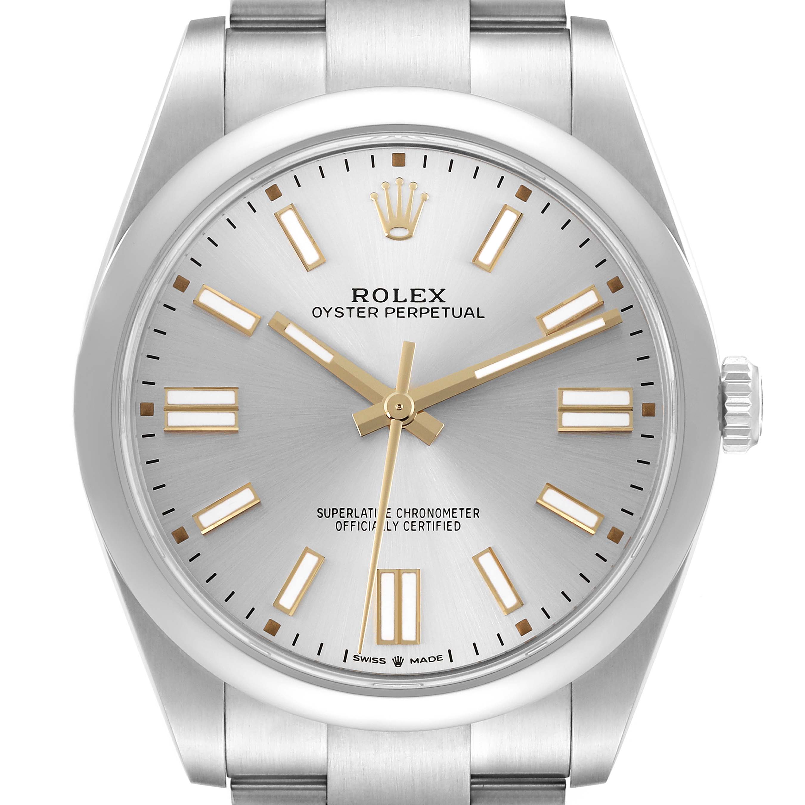 The image shows a frontal view of the Rolex Oyster Perpetual 124300 Men's Stainless Steel Silver Dial 124300 Men's Stainless Steel Silver Dial watch face displaying the dial, hands, and part of the bracelet.