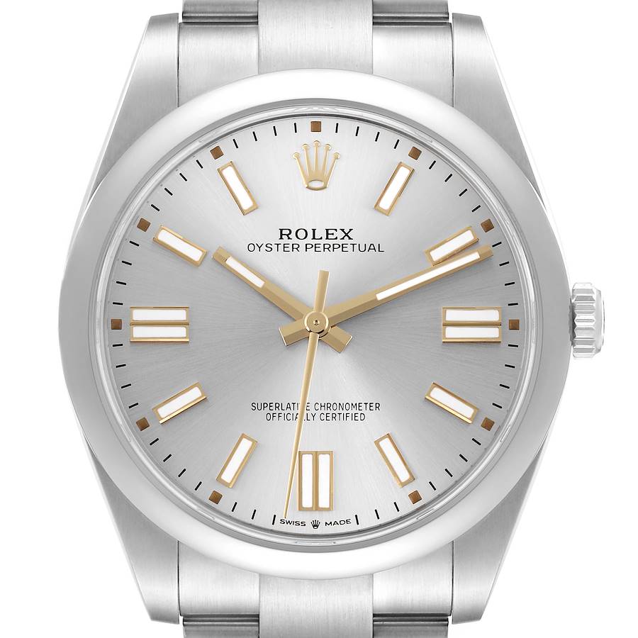 The image shows a frontal view of the Rolex Oyster Perpetual watch face displaying the dial, hands, and part of the bracelet.