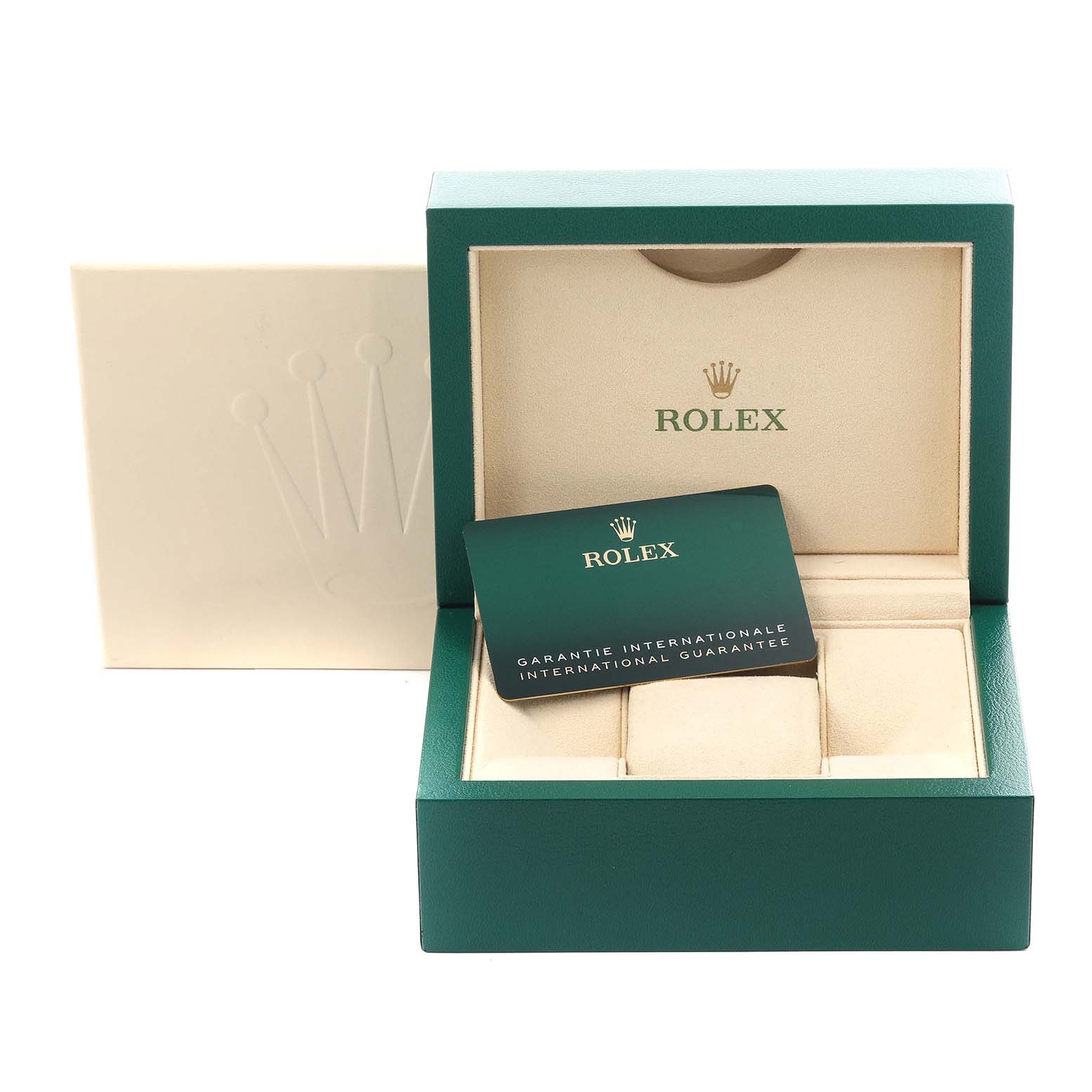 The image shows a Rolex Oyster Perpetual 124300 Men's Stainless Steel Silver Dial 124300 Men's Stainless Steel Silver Dial box at a frontal angle, featuring an open case and a guarantee card.