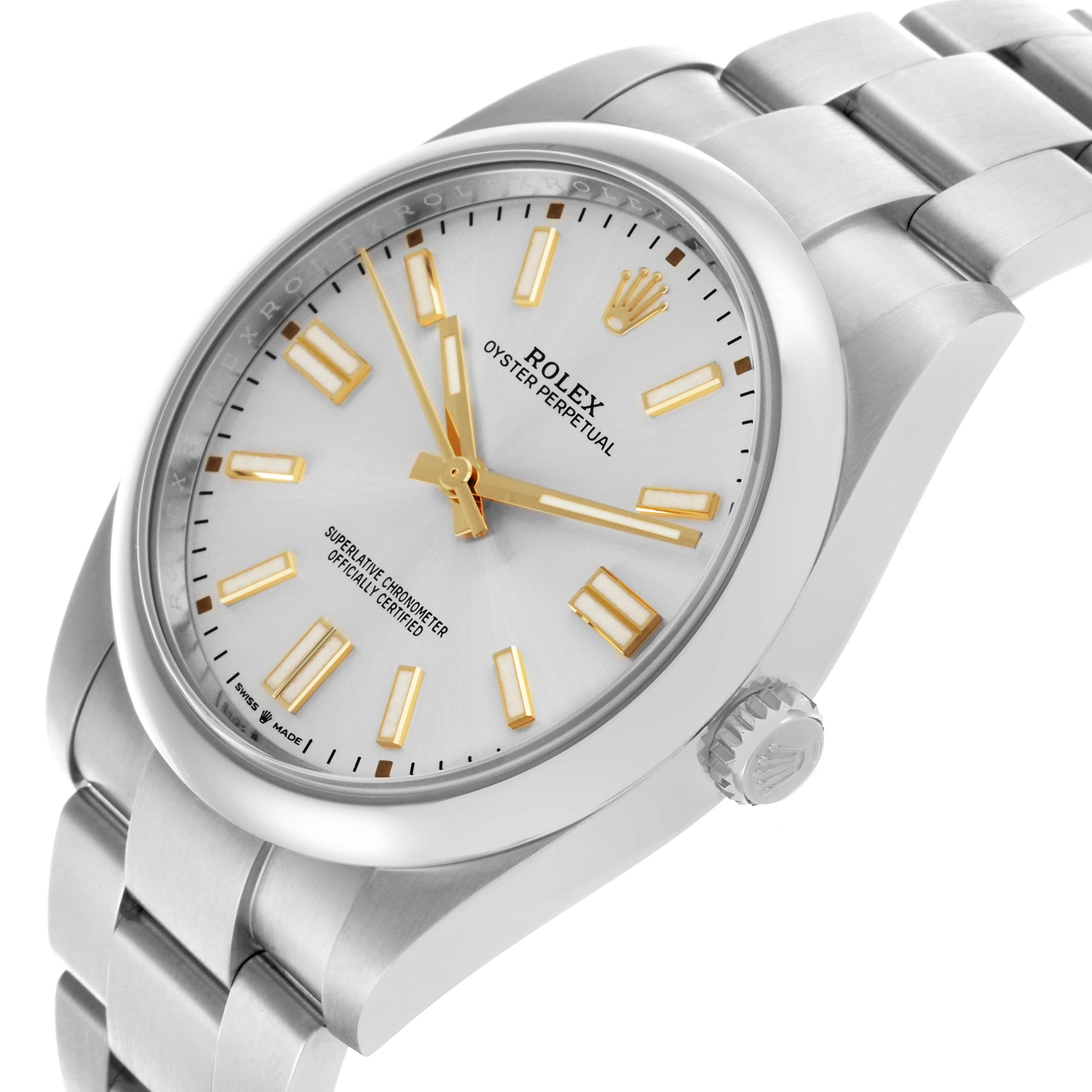 The Rolex Oyster Perpetual 124300 Men's Stainless Steel Silver Dial 124300 Men's Stainless Steel Silver Dial watch is shown from a side angle, displaying its face, crown, and part of the bracelet.