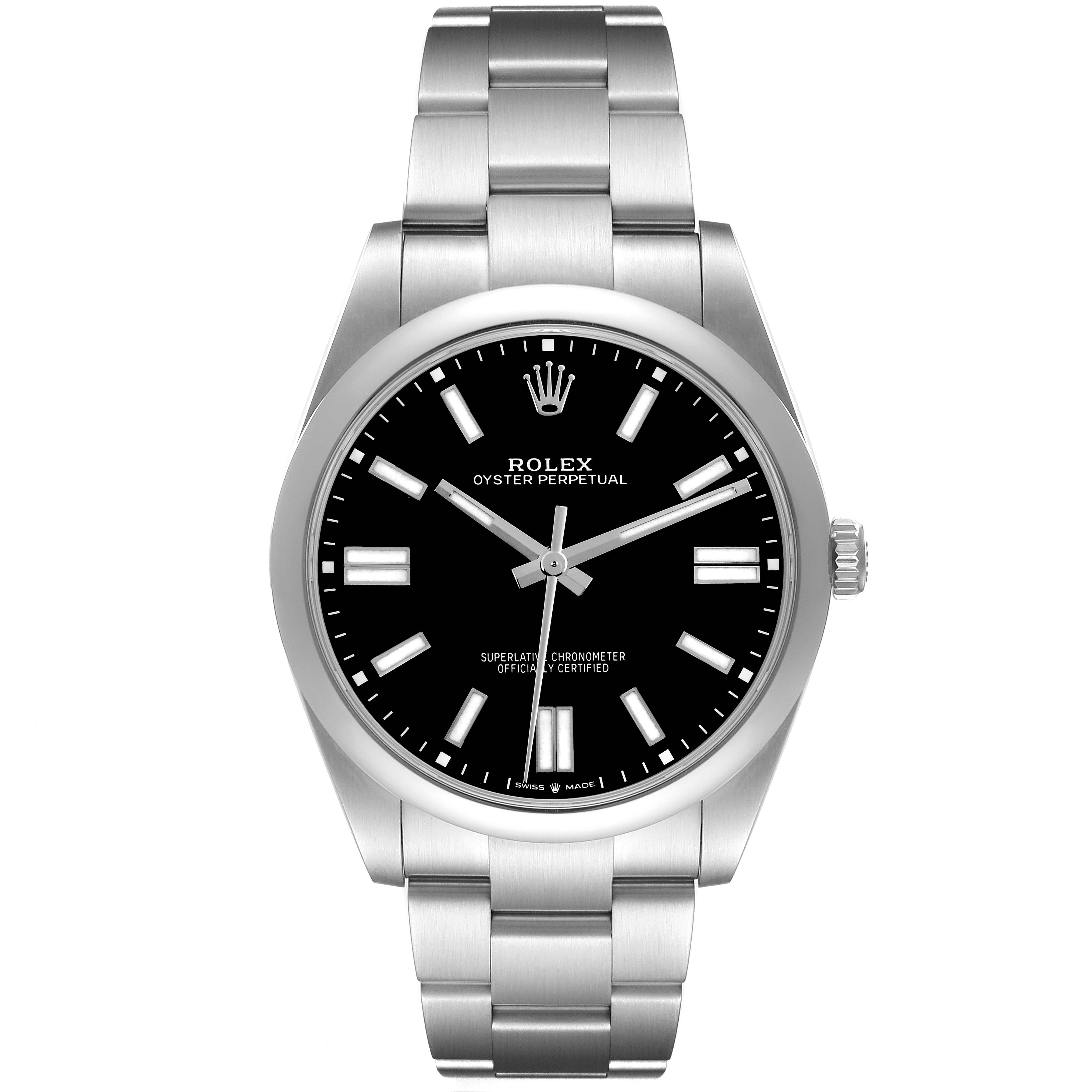 The Rolex Oyster Perpetual 124300 Men
s Stainless Steel Black Dial 124300 Men
s Stainless Steel Black Dial watch is shown from the front, displaying its dial, bezel, and bracelet.