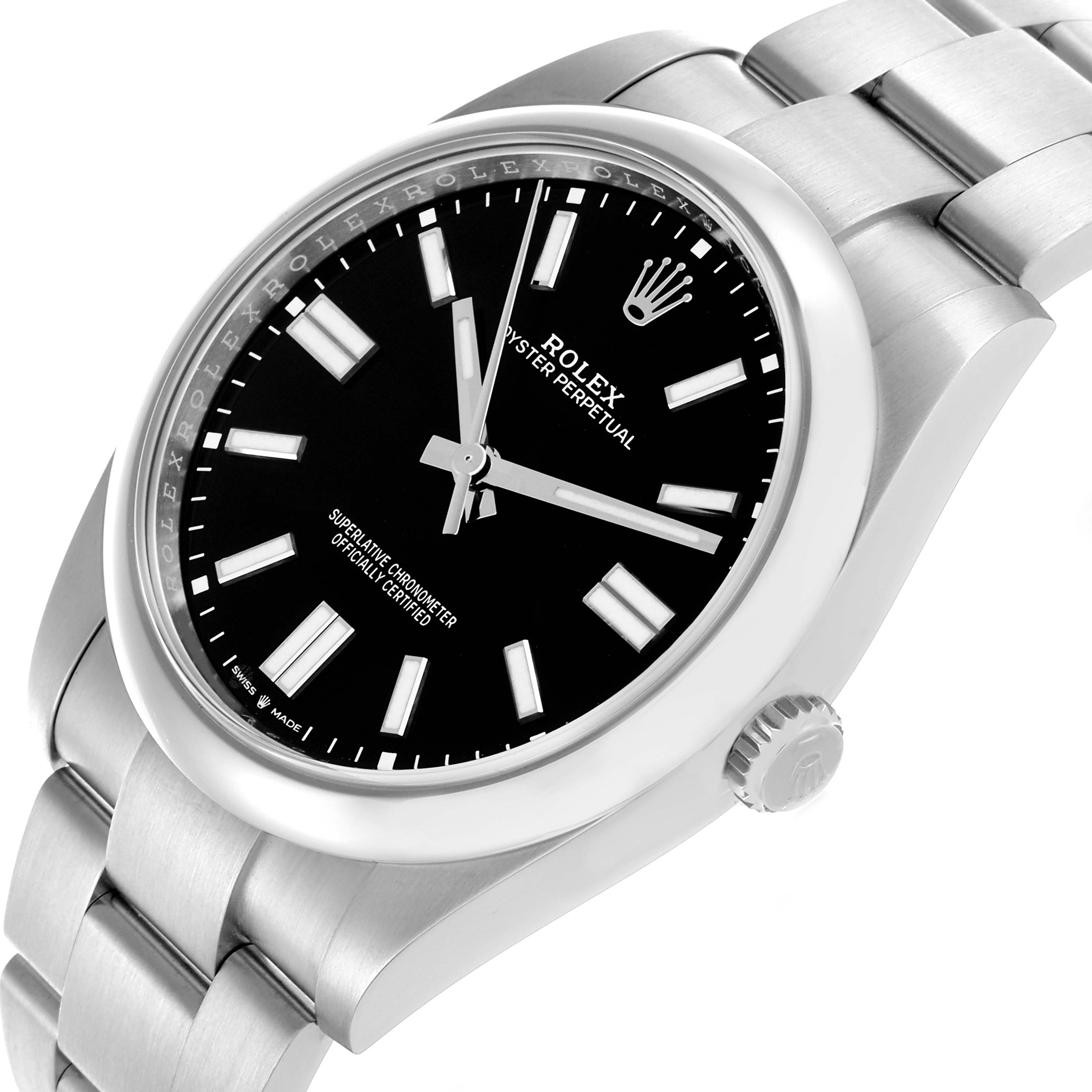 The image shows a Rolex Oyster Perpetual 124300 Men
s Stainless Steel Black Dial 124300 Men
s Stainless Steel Black Dial watch from a side angle, highlighting the dial, crown, and bracelet.