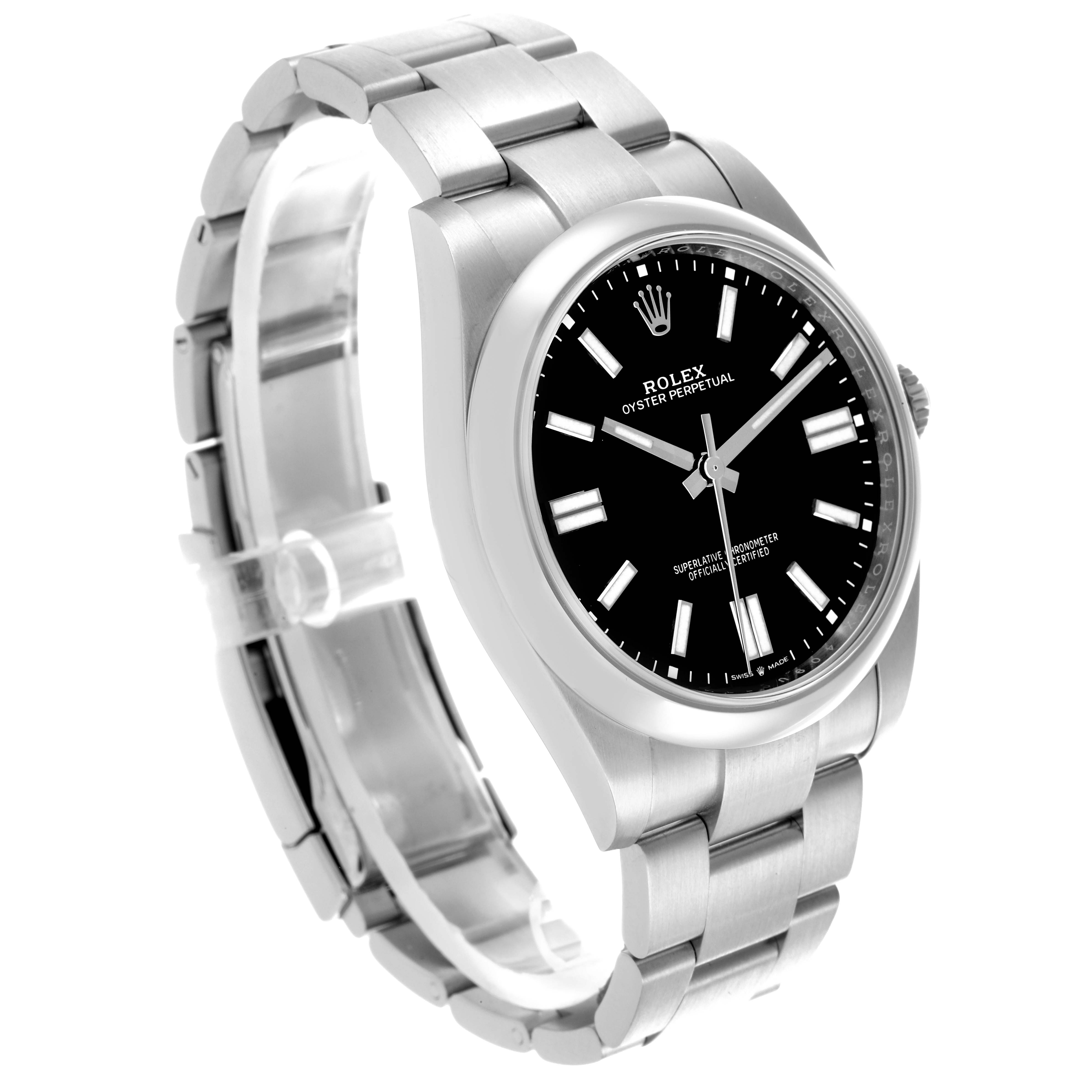 The Rolex Oyster Perpetual 124300 Men
s Stainless Steel Black Dial 124300 Men
s Stainless Steel Black Dial watch is shown at an angle displaying the face, bracelet, and side profile.