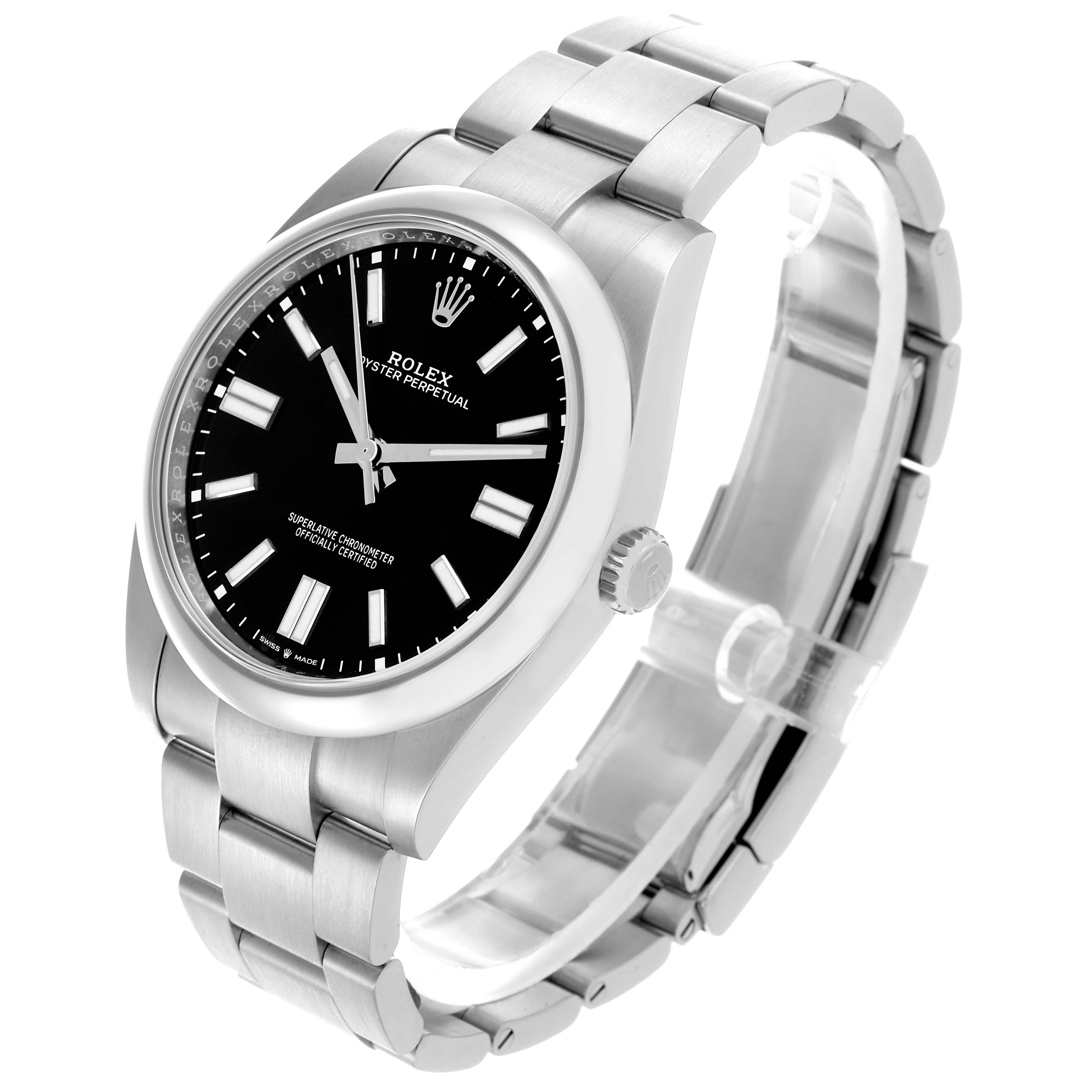 The Rolex Oyster Perpetual 124300 Men
s Stainless Steel Black Dial 124300 Men
s Stainless Steel Black Dial watch is shown at a three-quarter angle, highlighting the dial, case, crown, and part of the bracelet.