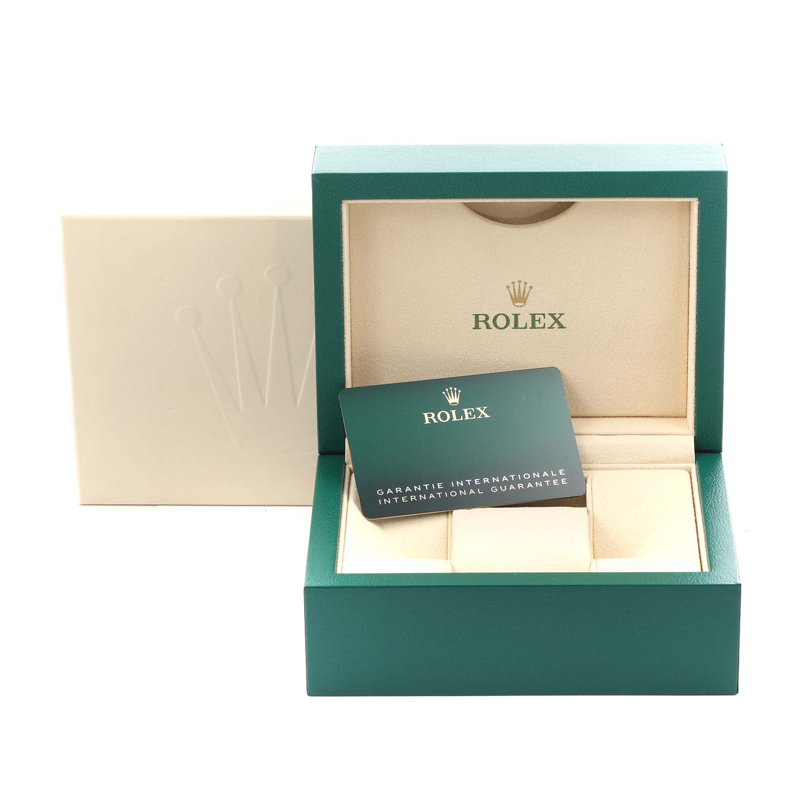 The image shows a Rolex Oyster Perpetual 124300 Men
s Stainless Steel Black Dial 124300 Men
s Stainless Steel Black Dial watch box, international guarantee card, and outer packaging from a frontal angle.