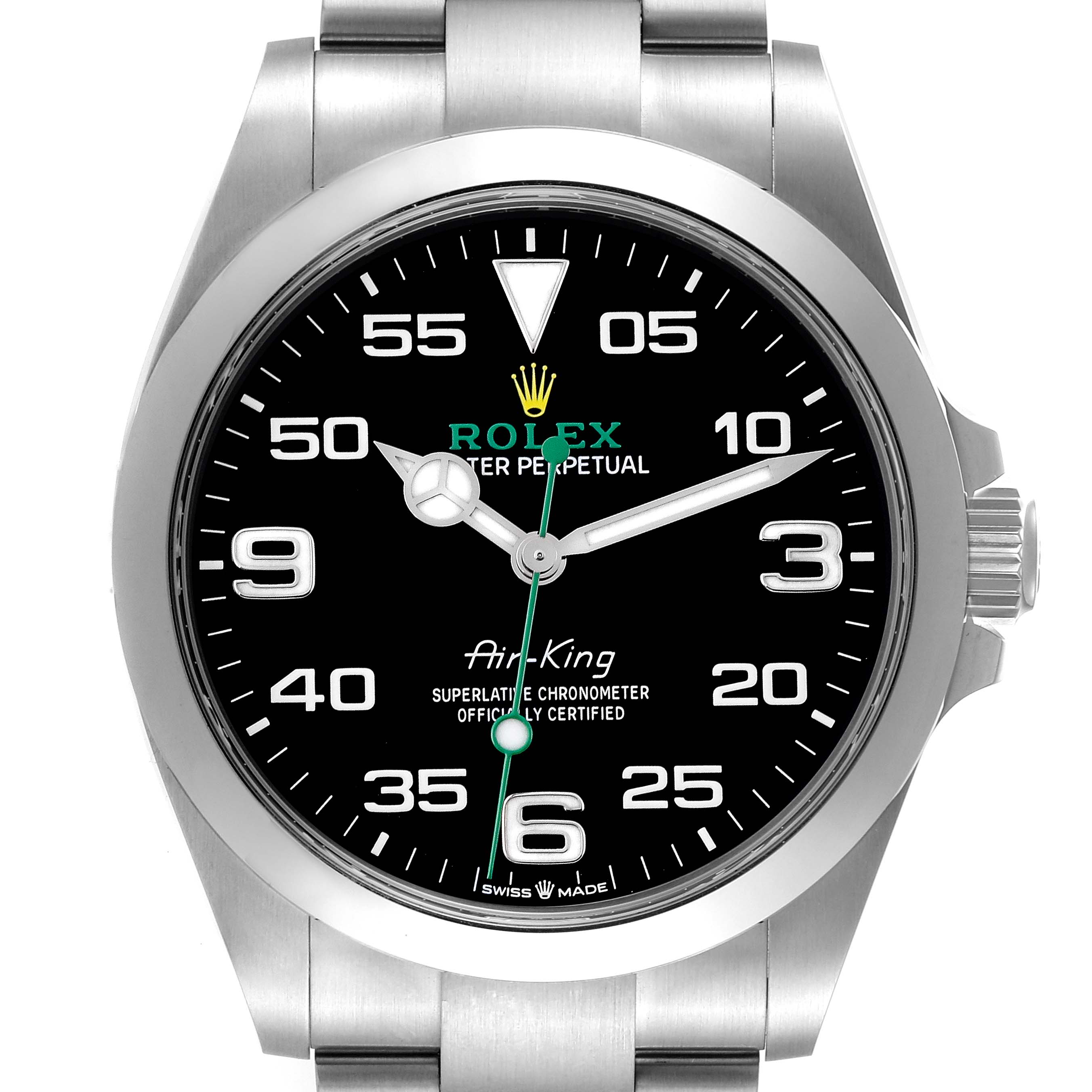 The Rolex Air-King 126900 Men's Stainless Steel Black Dial 126900 Men's Stainless Steel Black Dial watch is shown from a front angle, displaying its dial, bezel, and part of its bracelet.
