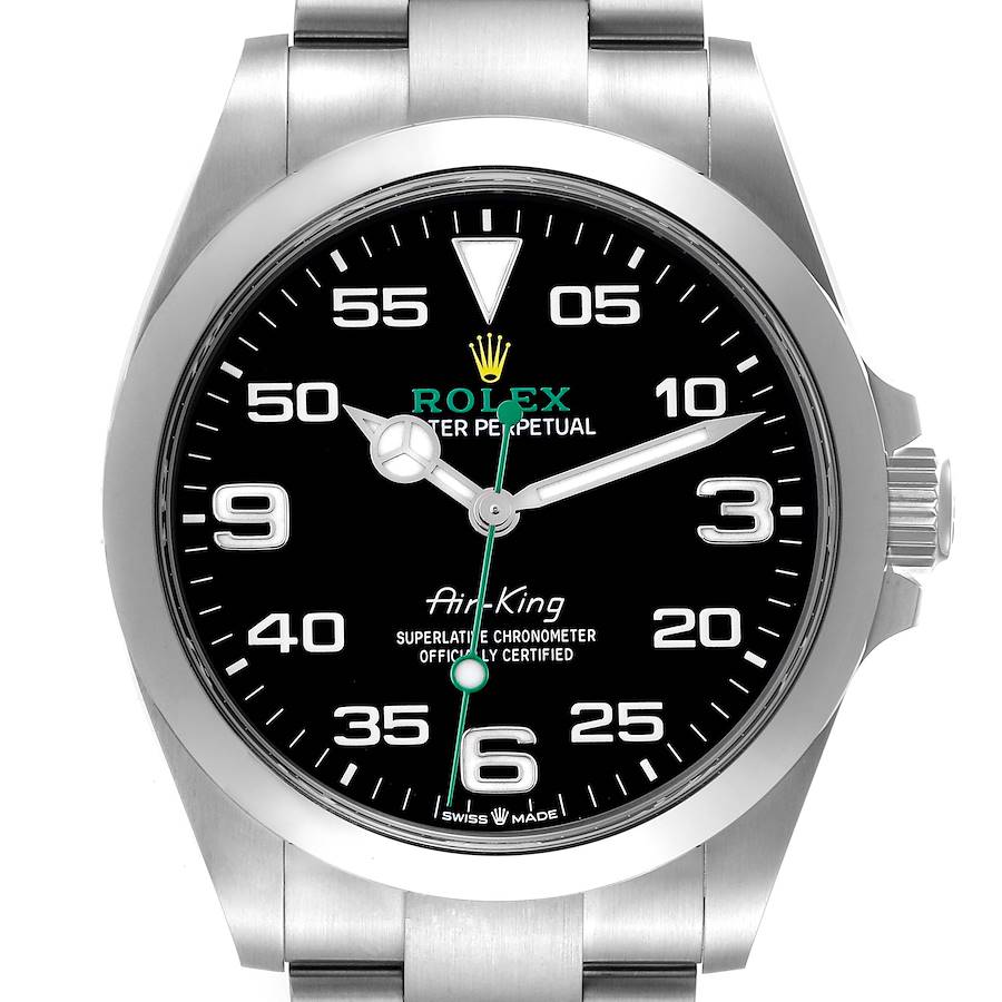 The Rolex Air-King watch is shown from a front angle, displaying its dial, bezel, and part of its bracelet.