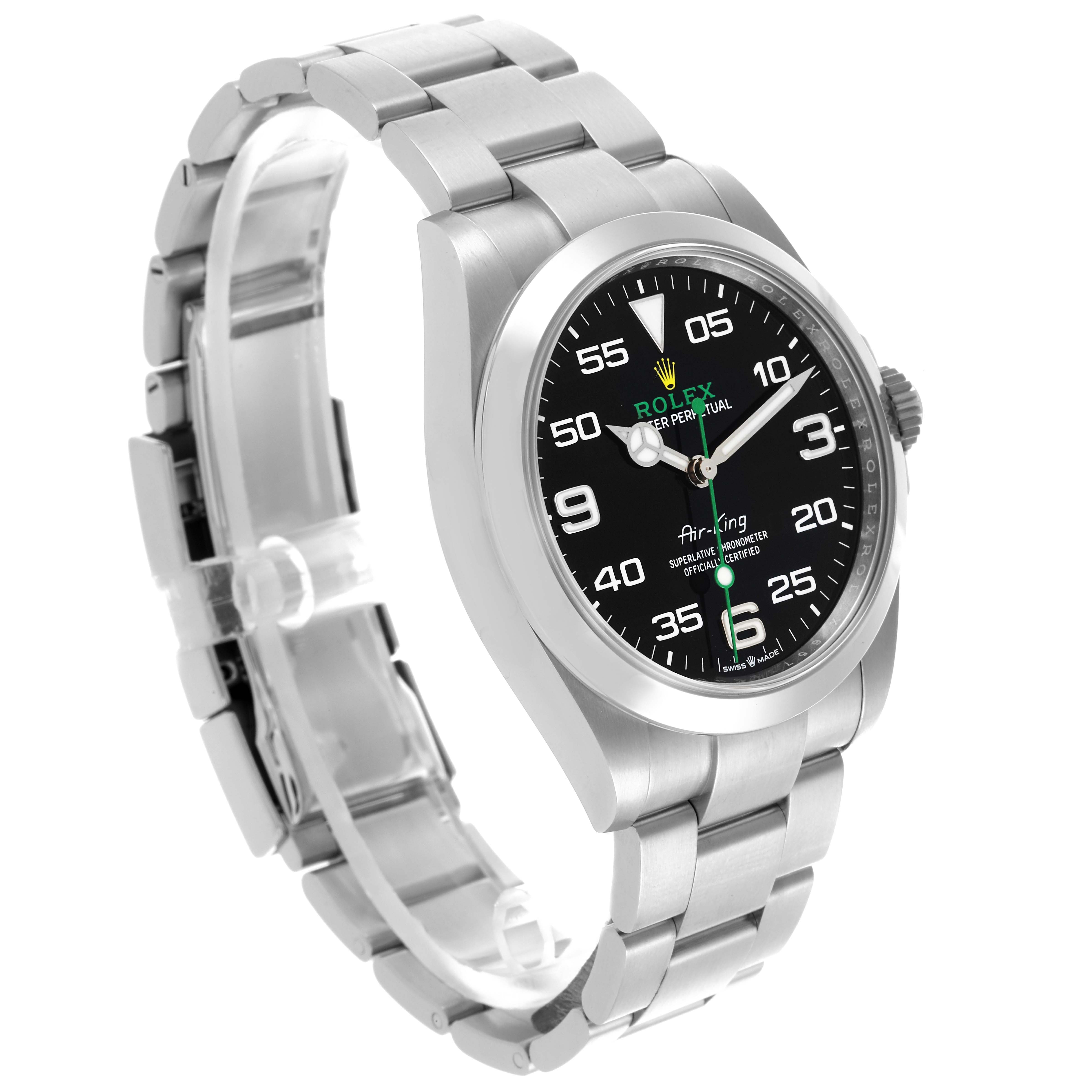 The Rolex Air-King 126900 Men's Stainless Steel Black Dial 126900 Men's Stainless Steel Black Dial watch is shown at an angled side view, displaying the face, bezel, crown, and bracelet.