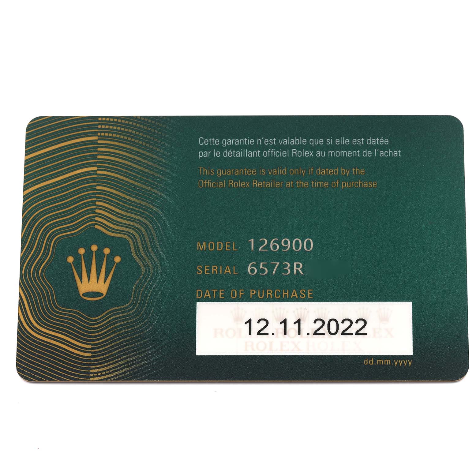 The image shows a Rolex warranty card for the Air-King model, including model number, serial number, and purchase date.