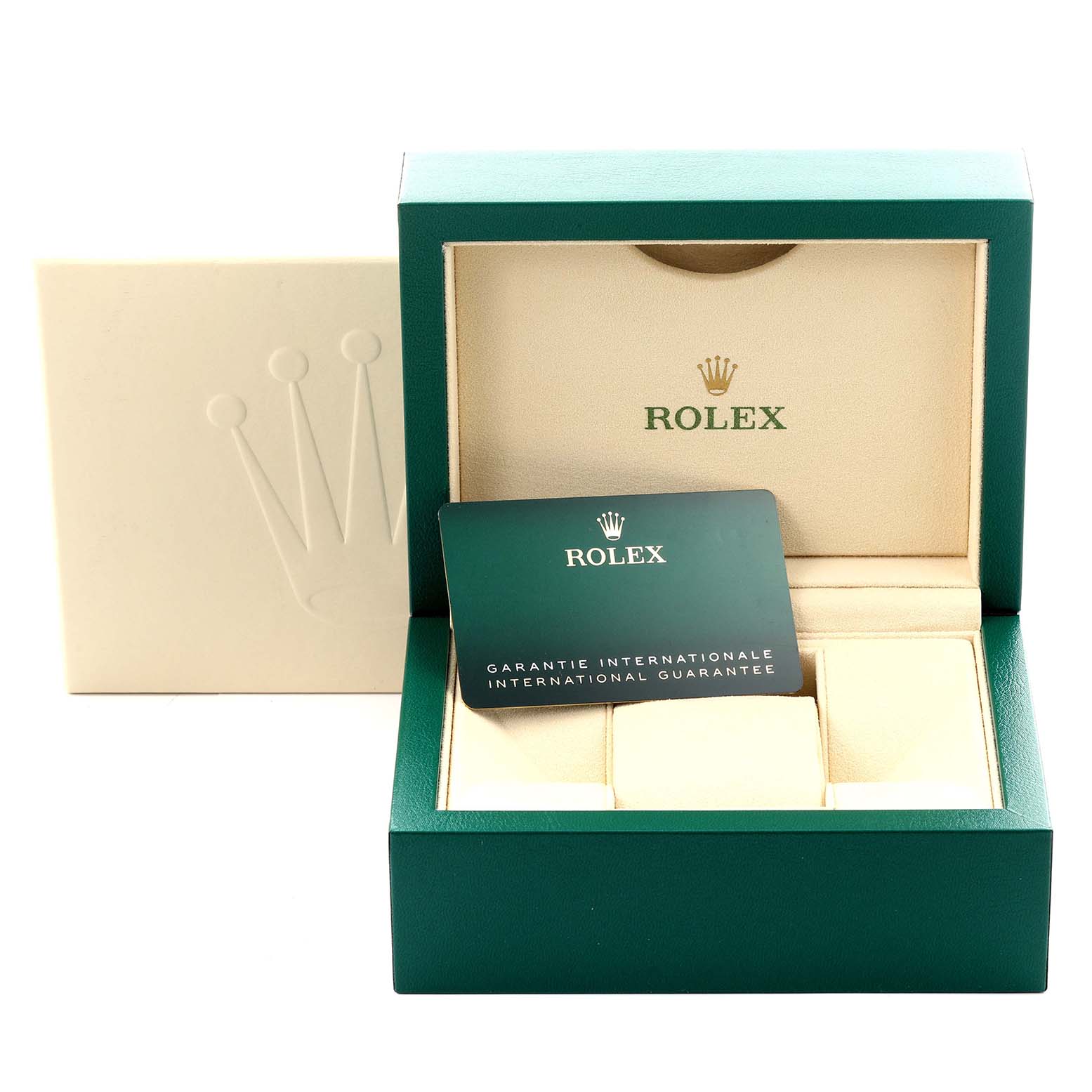 The image shows a Rolex Air-King 126900 Men's Stainless Steel Black Dial 126900 Men's Stainless Steel Black Dial watch box, the warranty card, and the inner cushion, photographed from the front.
