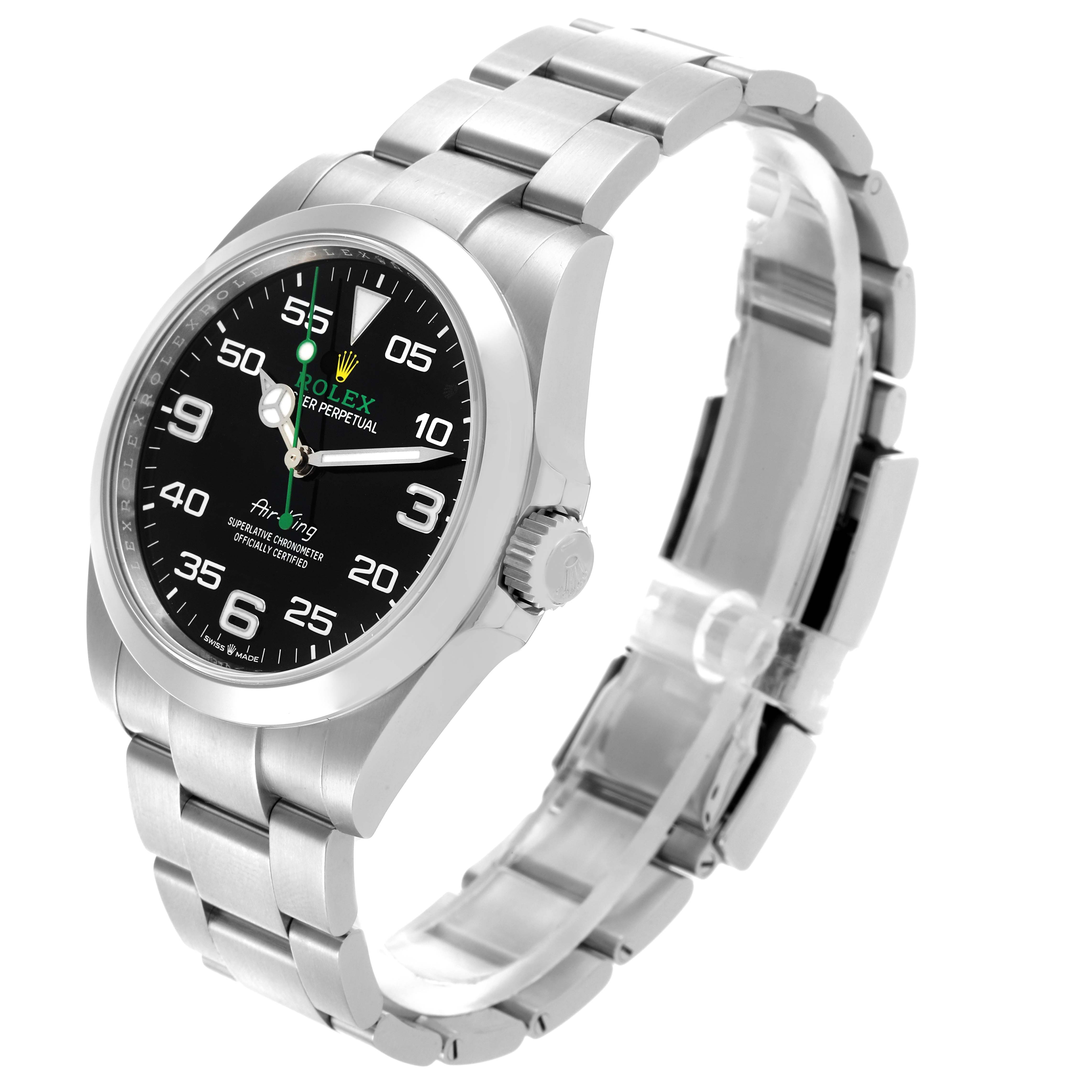 The Rolex Air-King 126900 Men's Stainless Steel Black Dial 126900 Men's Stainless Steel Black Dial watch is shown at a slight angle, highlighting the face, bezel, crown, and bracelet.