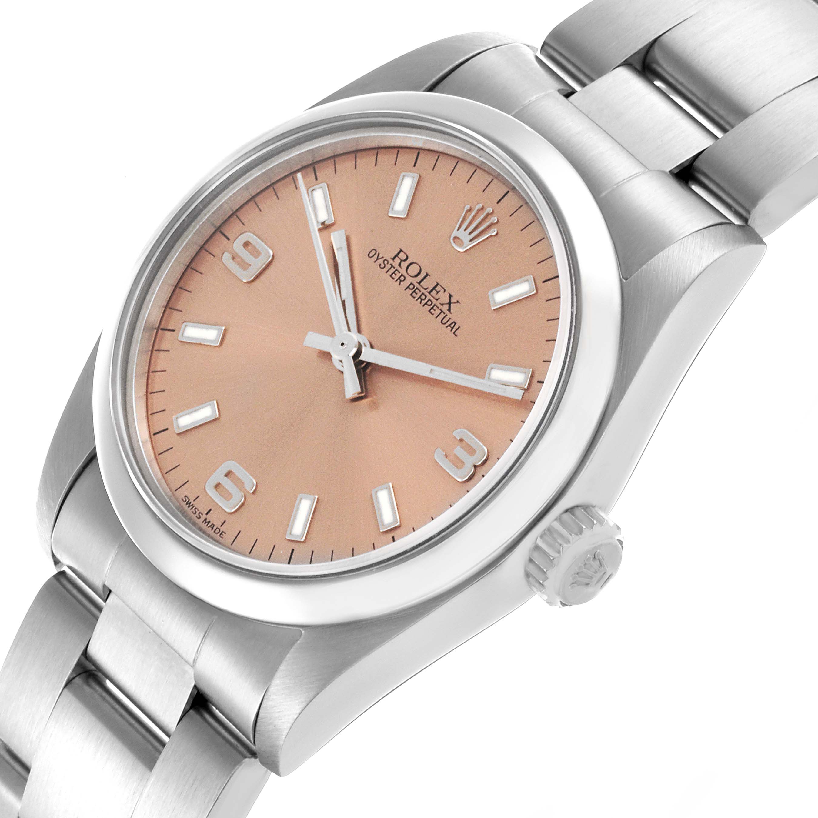 The Rolex Mid-Size 77080 Women's Stainless Steel Pink Dial 77080 Women's Stainless Steel Pink Dial watch is shown at an angled view, displaying the dial, bezel, crown, and part of the bracelet.