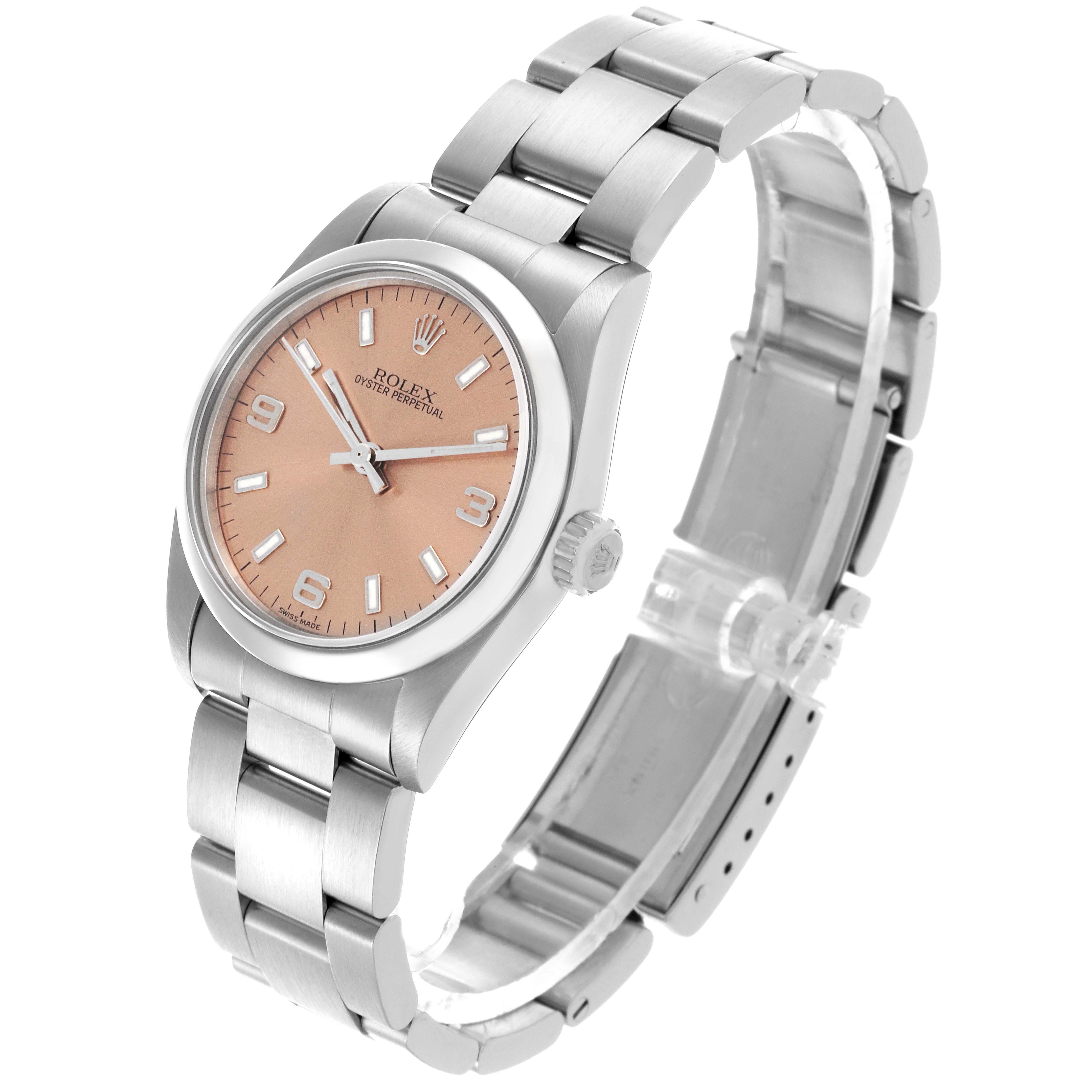 The Rolex Mid-Size 77080 Women's Stainless Steel Pink Dial 77080 Women's Stainless Steel Pink Dial watch is shown at a slight angle, displaying the dial, crown, and full bracelet.