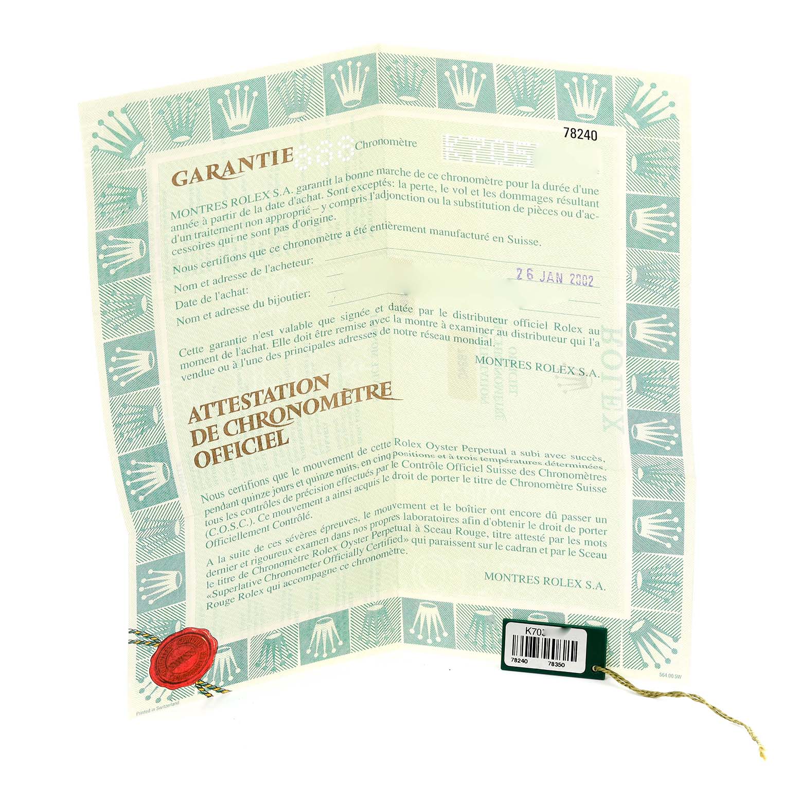 The image shows a folded warranty certificate for the Rolex Mid-Size 77080 Women's Stainless Steel Pink Dial 77080 Women's Stainless Steel Pink Dial model.