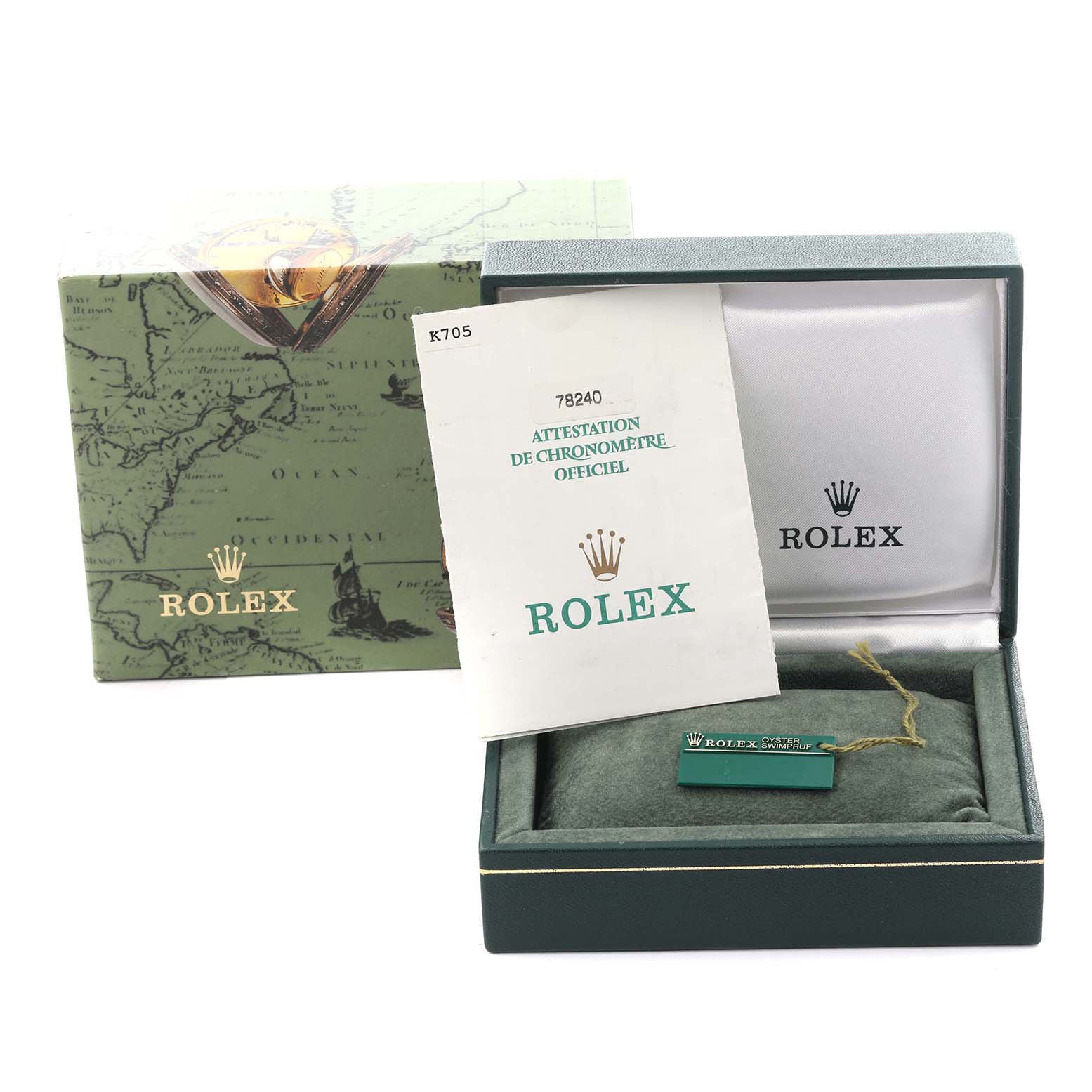 The image shows the packaging and documents for a Rolex Mid-Size 77080 Women's Stainless Steel Pink Dial 77080 Women's Stainless Steel Pink Dial model, including a box, tag, and certificate.