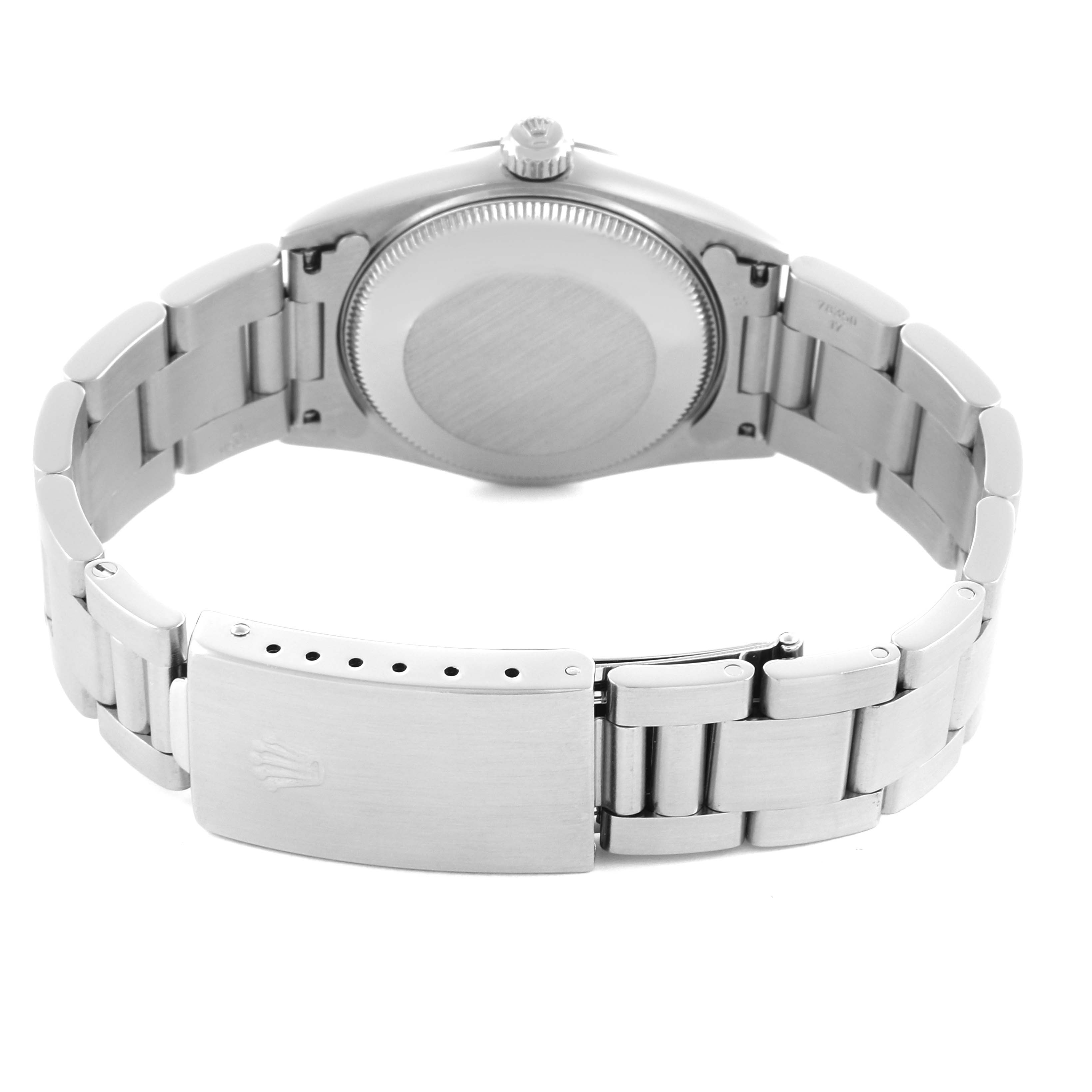 The image shows the back case and bracelet clasp of the Rolex Mid-Size 77080 Women's Stainless Steel Pink Dial 77080 Women's Stainless Steel Pink Dial model watch.