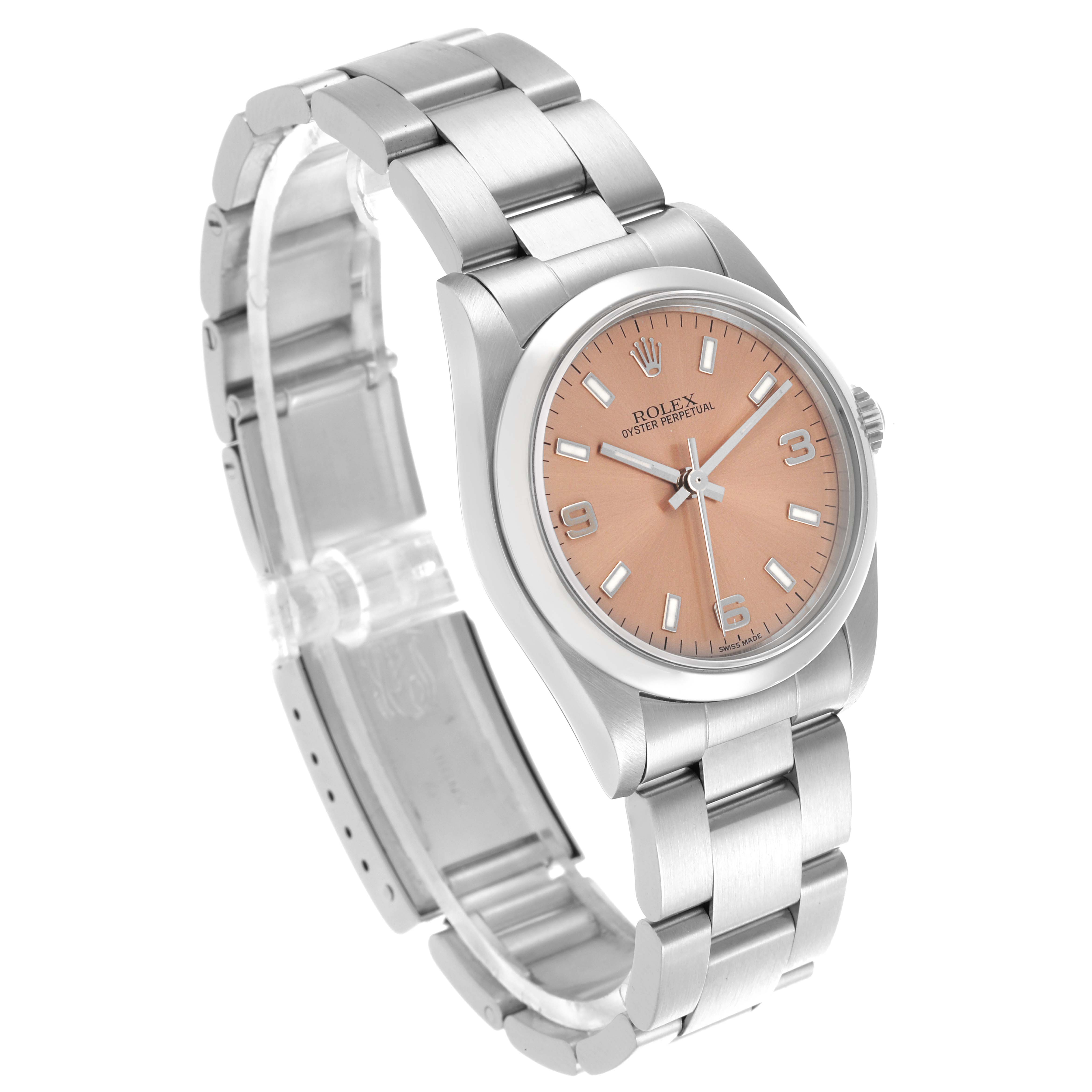 The Rolex Mid-Size 77080 Women's Stainless Steel Pink Dial 77080 Women's Stainless Steel Pink Dial watch is shown at a three-quarter angle, highlighting the dial, bezel, and stainless steel bracelet.