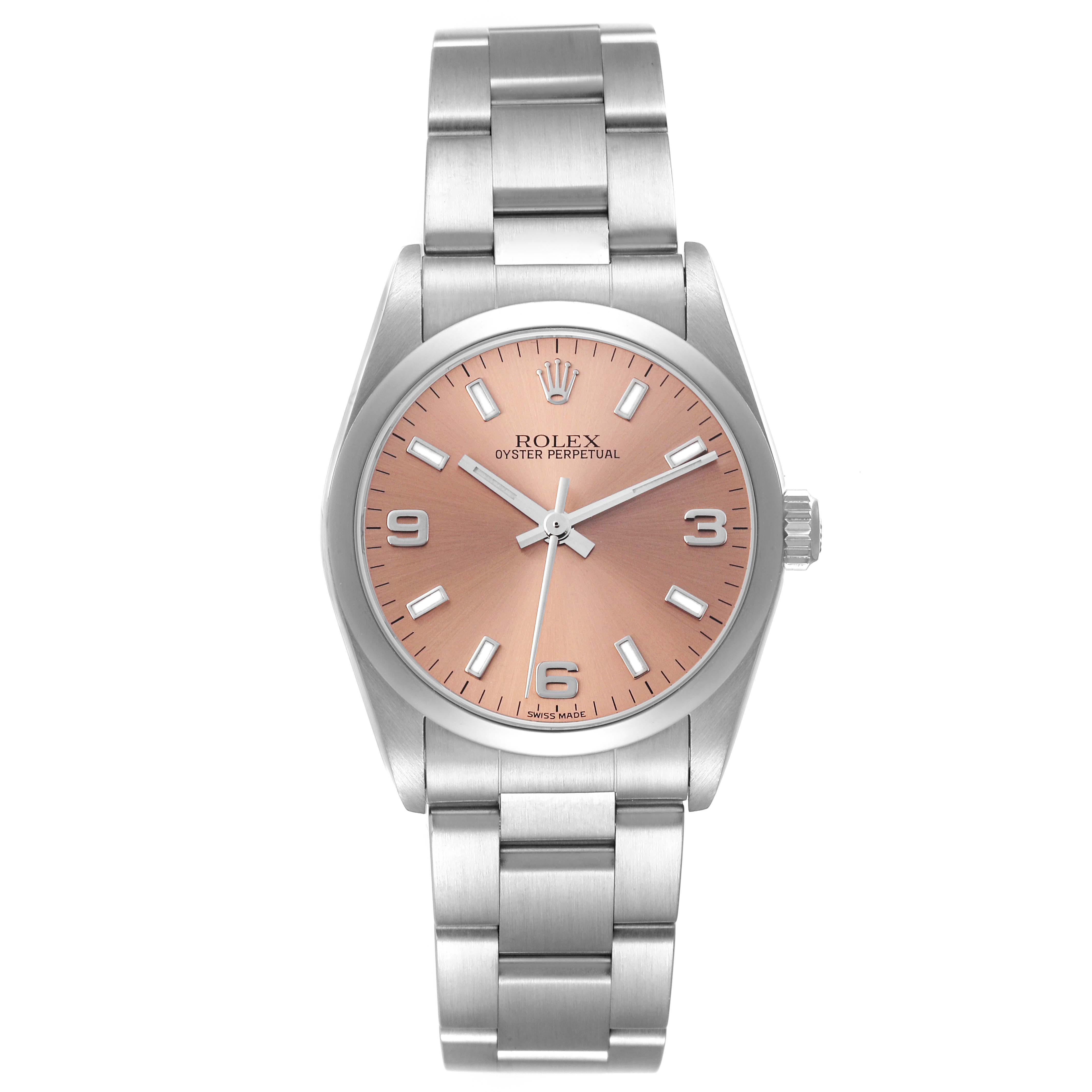 The Rolex Mid-Size 77080 Women's Stainless Steel Pink Dial 77080 Women's Stainless Steel Pink Dial model is shown from a frontal angle, highlighting the dial, hands, and stainless steel bracelet.