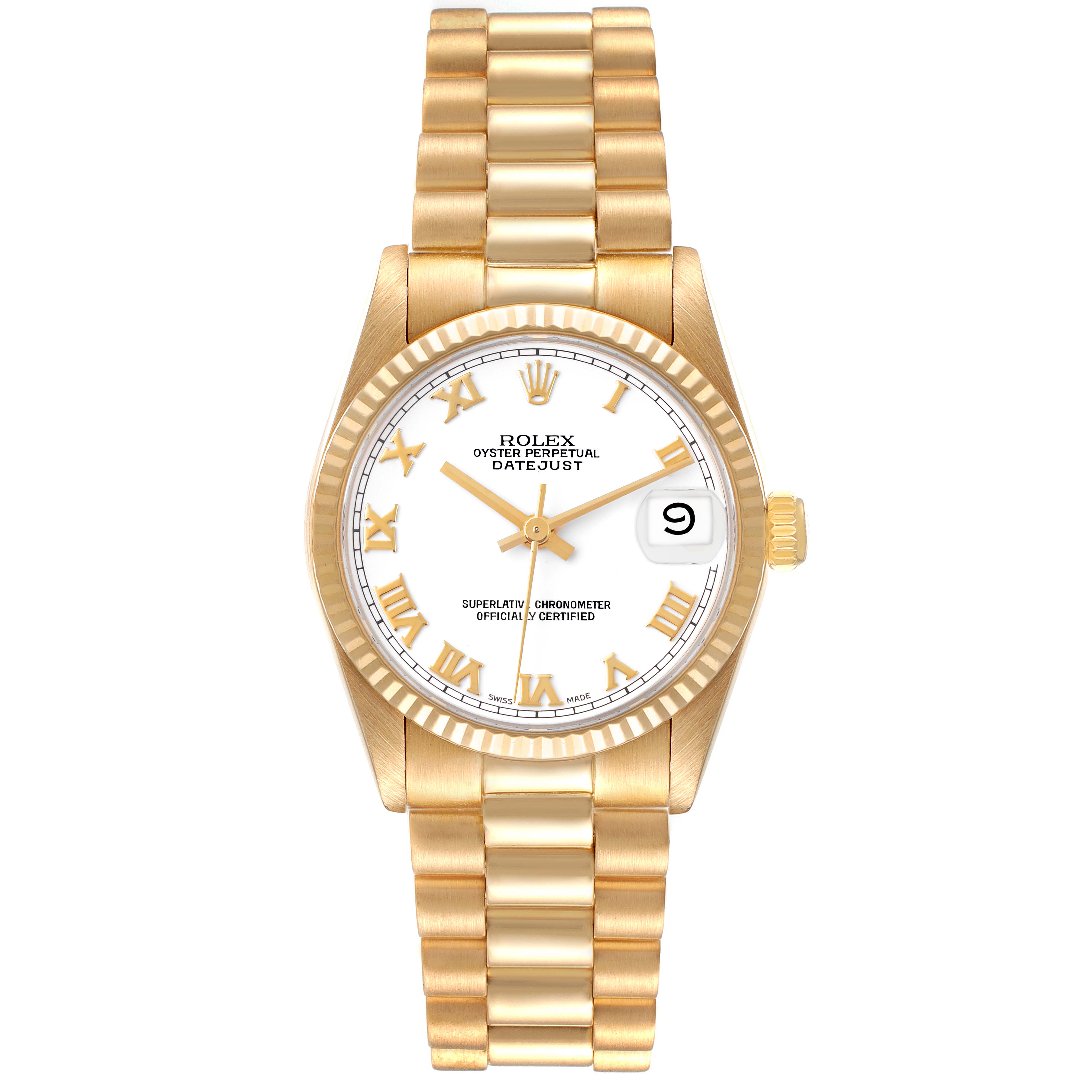 The image shows a front view of a Rolex President 68278 Women
s Yellow Gold White Dial 68278 Women
s Yellow Gold White Dial model watch, displaying its gold bracelet, face, and date window.