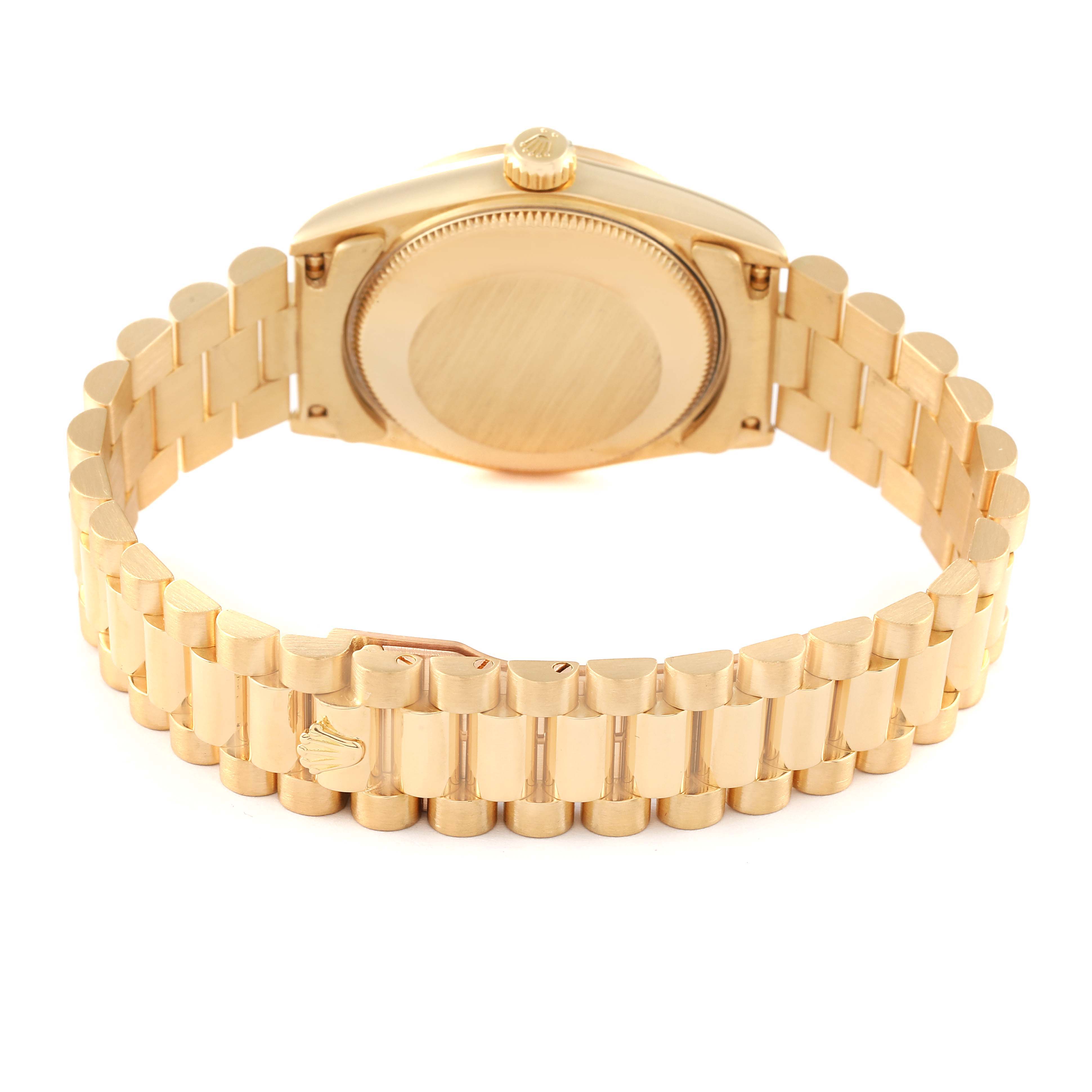 This image shows the Rolex President 68278 Women
s Yellow Gold White Dial 68278 Women
s Yellow Gold White Dial model from the back, highlighting the bracelet and case back.