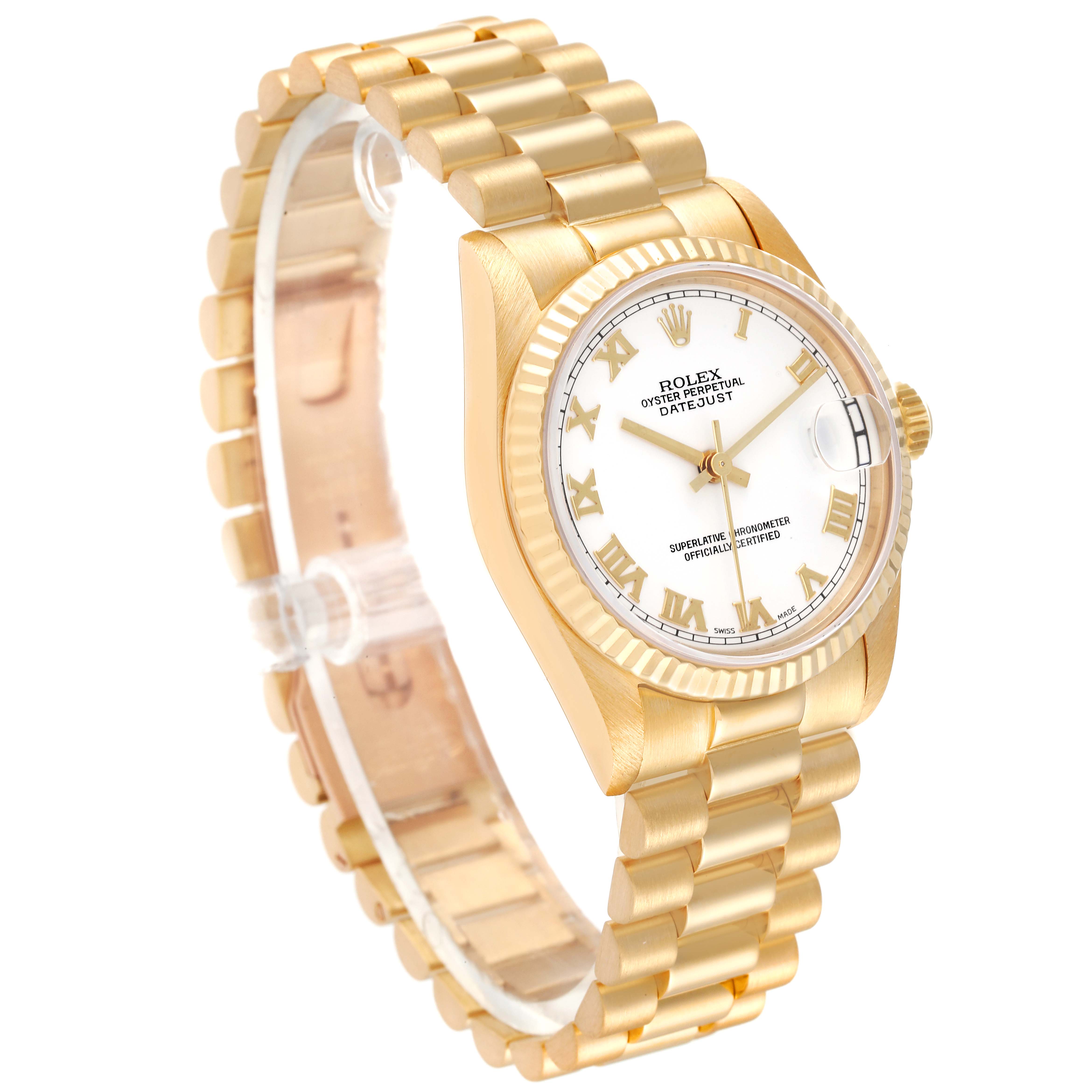 The image shows a Rolex President 68278 Women
s Yellow Gold White Dial 68278 Women
s Yellow Gold White Dial model watch from an angled side view, highlighting its gold case, fluted bezel, and jubilee bracelet.