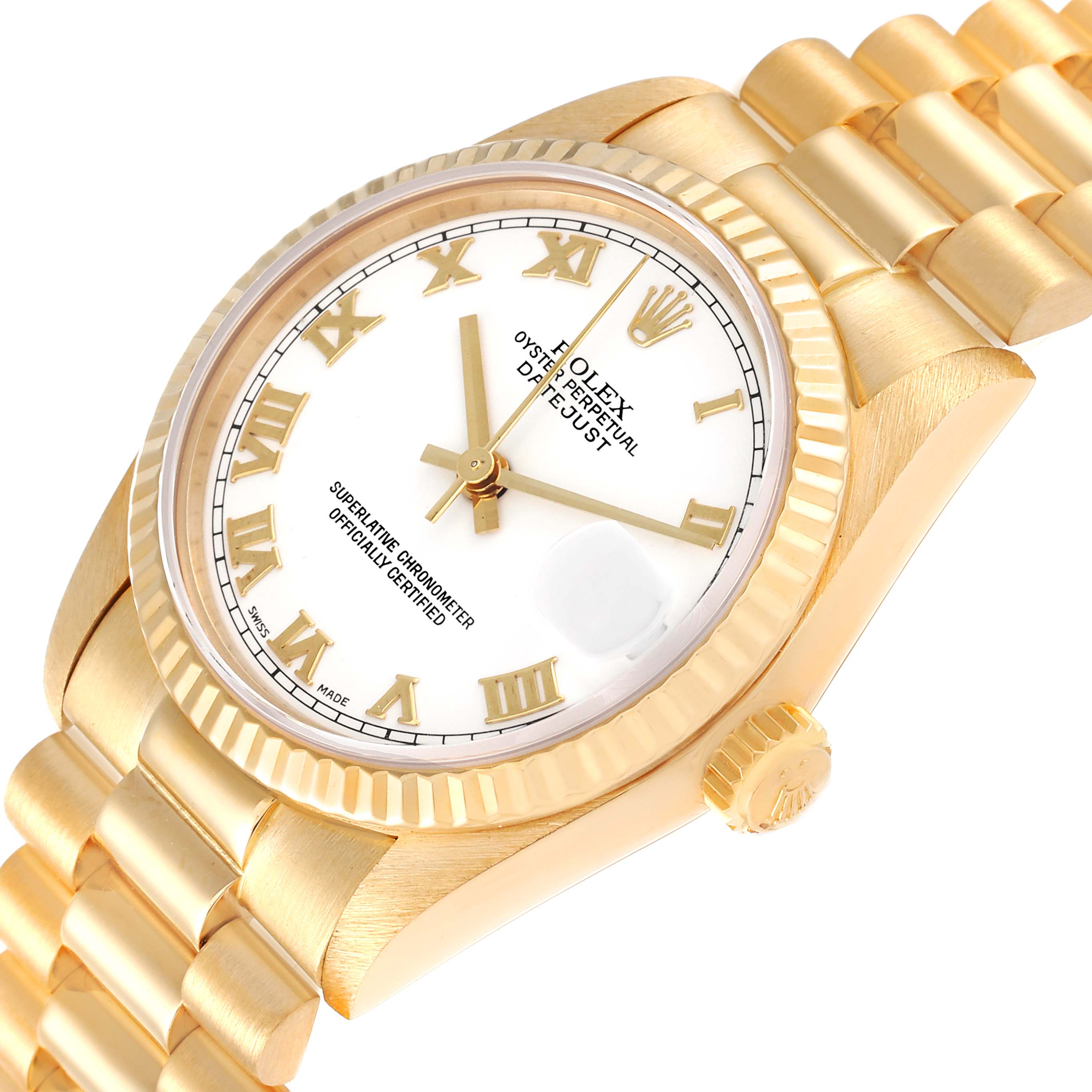 The image shows a close-up, angled view of a Rolex President 68278 Women
s Yellow Gold White Dial 68278 Women
s Yellow Gold White Dial model watch, highlighting its white dial, Roman numerals, fluted bezel, and gold bracelet.