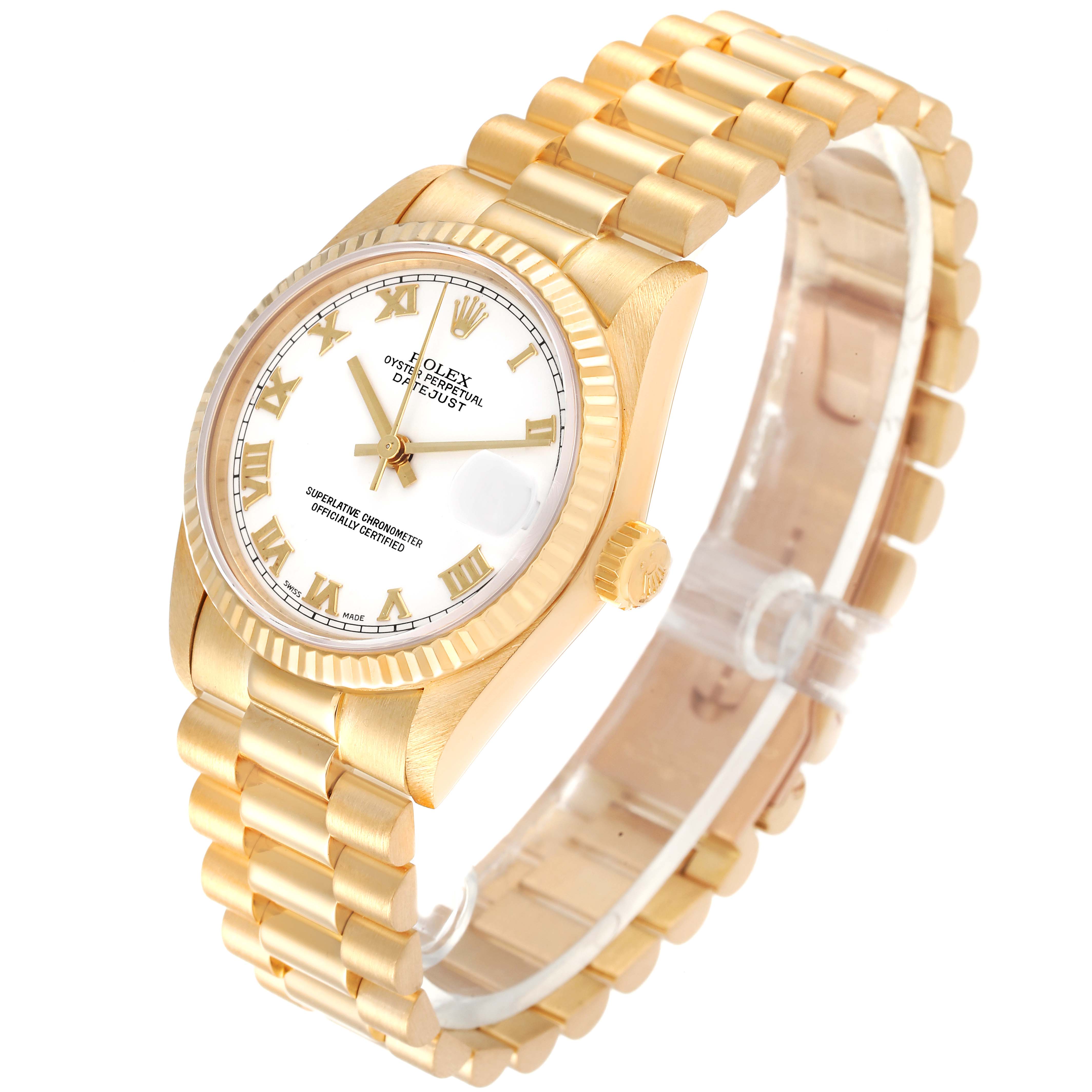 The image shows a side and front angle of a Rolex President 68278 Women
s Yellow Gold White Dial 68278 Women
s Yellow Gold White Dial model watch, displaying the face, bezel, crown, and bracelet links.