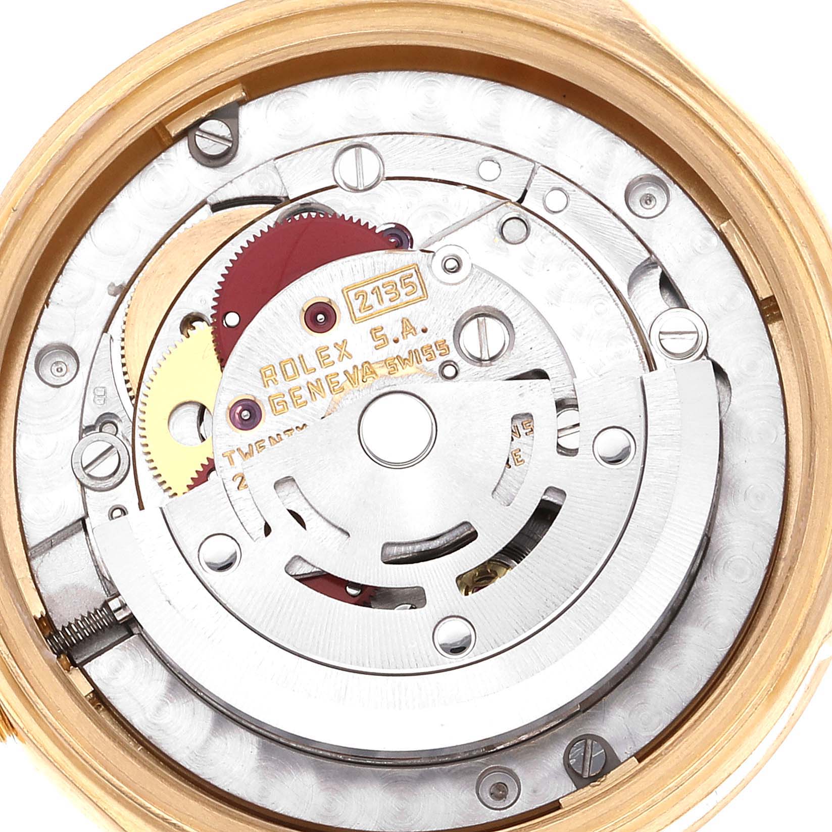 This image shows the internal movement of a Rolex President 68278 Women
s Yellow Gold White Dial 68278 Women
s Yellow Gold White Dial model watch, highlighting gears and components.