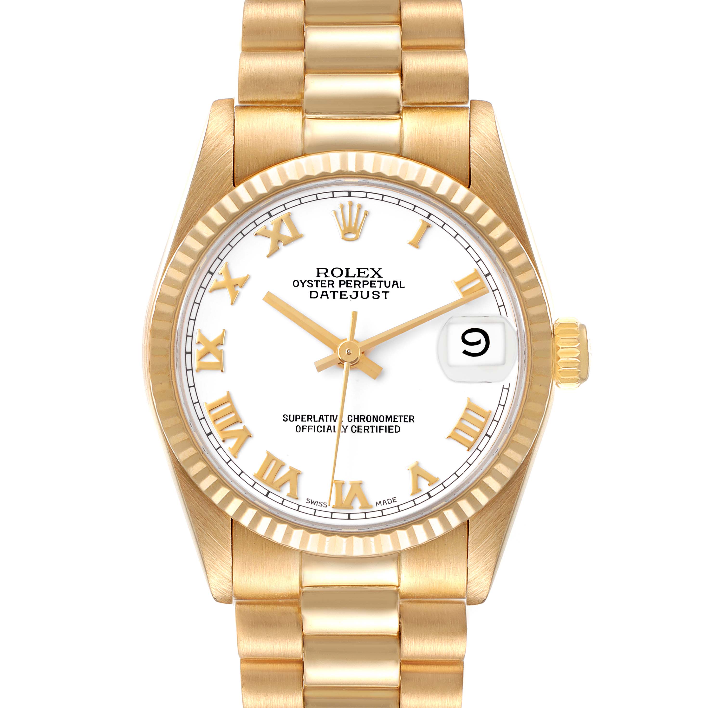 This image shows the front view of a Rolex President 68278 Women
s Yellow Gold White Dial 68278 Women
s Yellow Gold White Dial model watch, highlighting the dial, bezel, bracelet, and crown.
