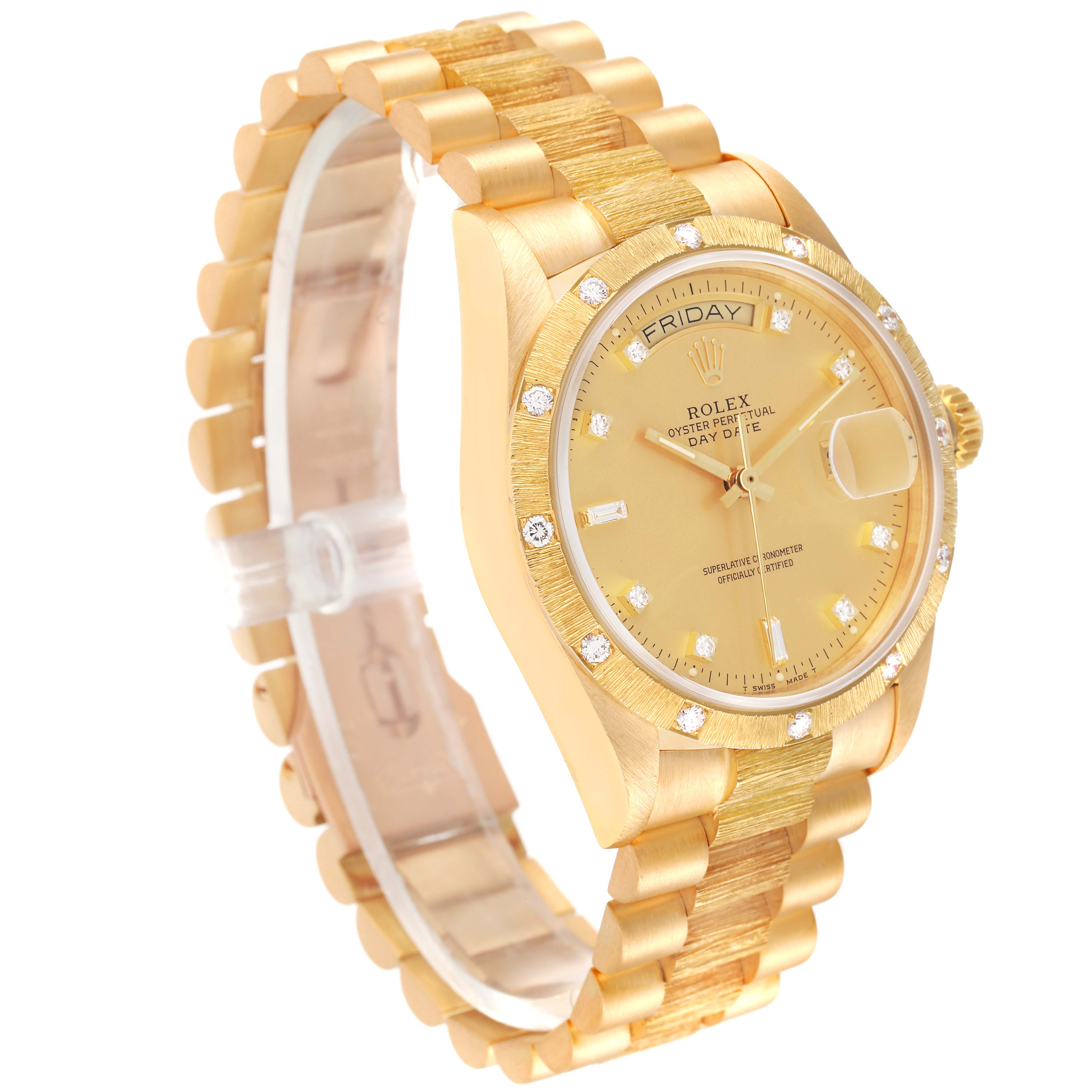 This image displays a side-angle view of a Rolex President 18108 Men
s Yellow Gold Champagne Dial 18108 Men
s Yellow Gold Champagne Dial model showing its gold bracelet, bezel, and face with diamond hour markers.
