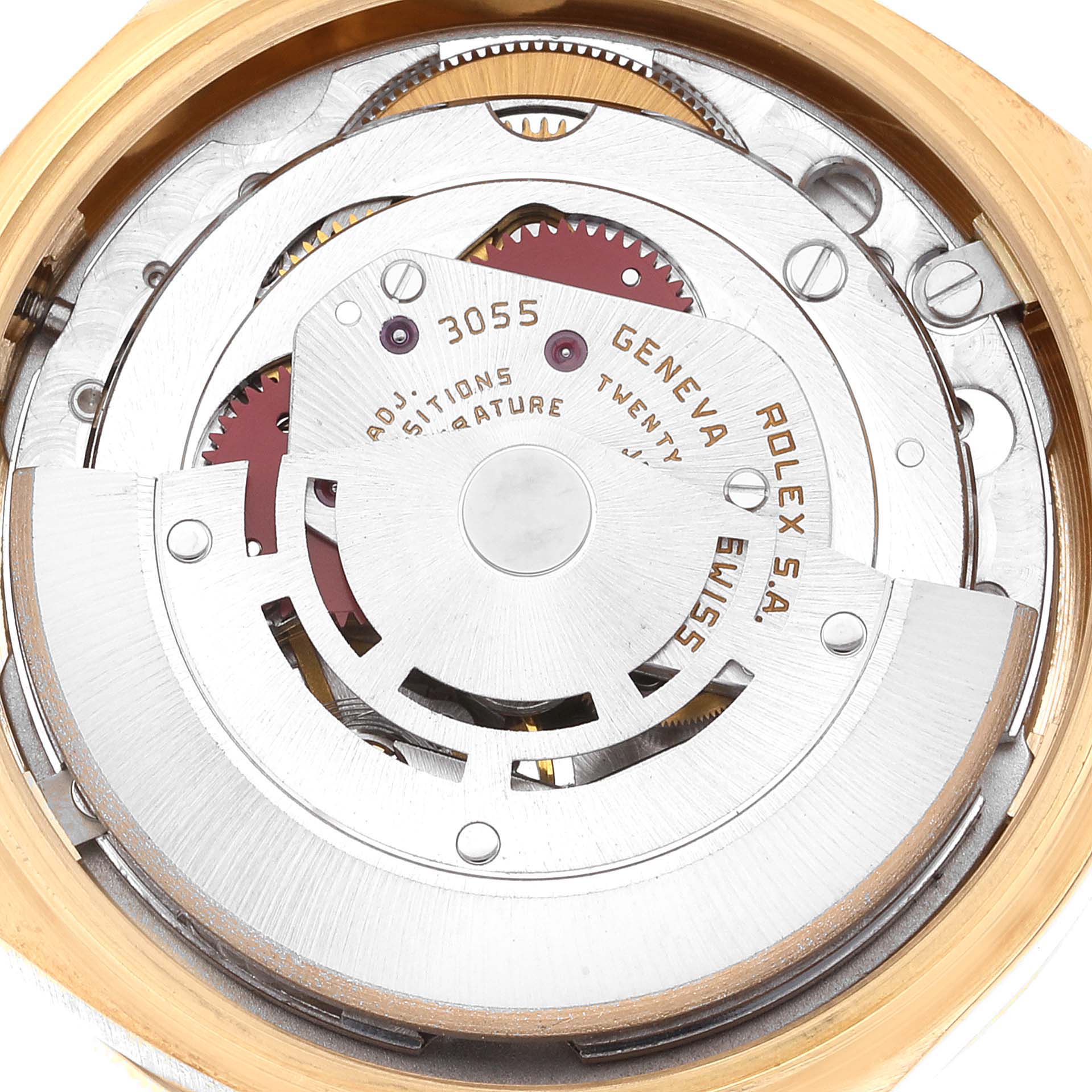 This image shows the movement mechanism of a Rolex President 18108 Men
s Yellow Gold Champagne Dial 18108 Men
s Yellow Gold Champagne Dial model watch from a top-down angle.