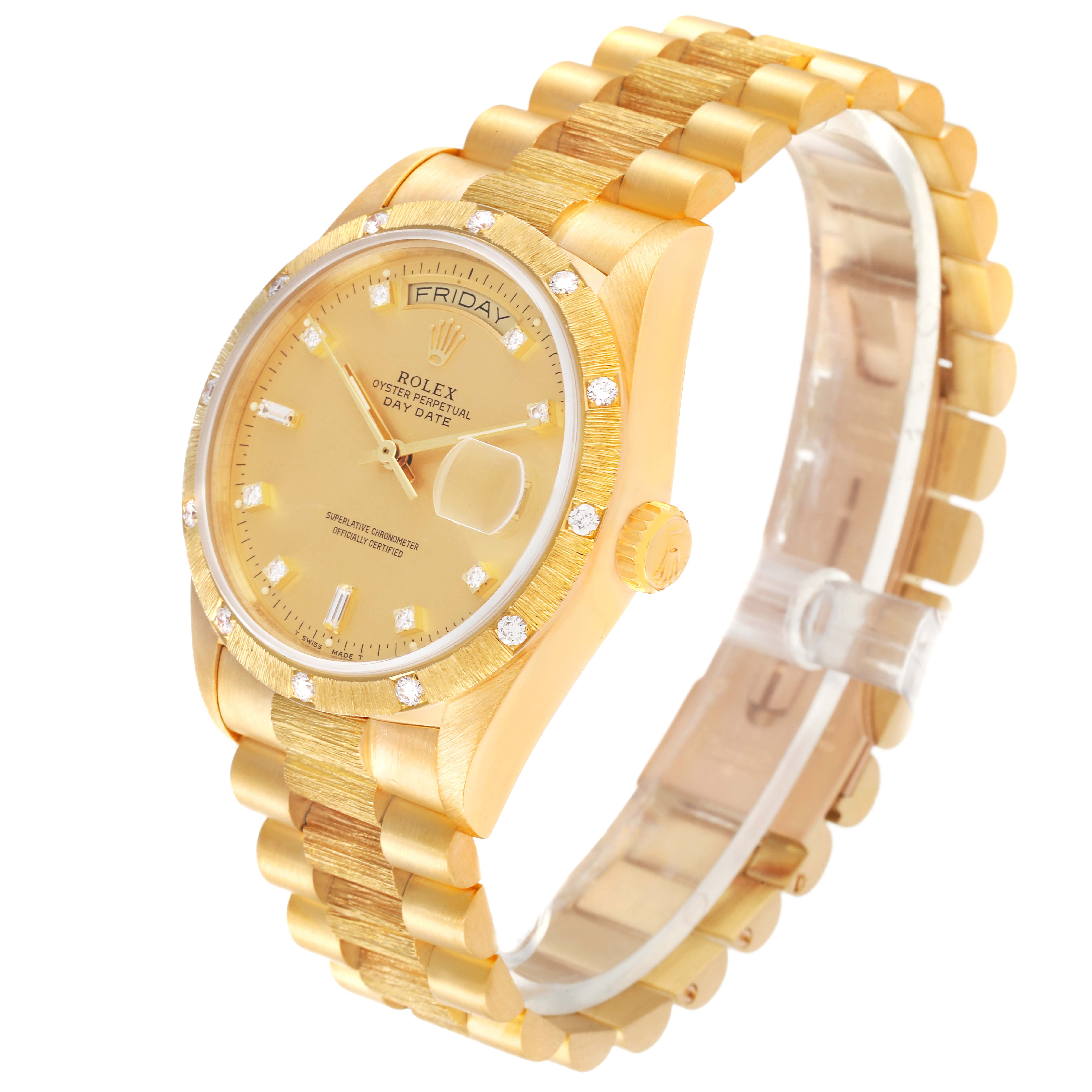 The Rolex President 18108 Men
s Yellow Gold Champagne Dial 18108 Men
s Yellow Gold Champagne Dial model watch is shown at a three-quarter angle, displaying the face, bezel, band, and crown.