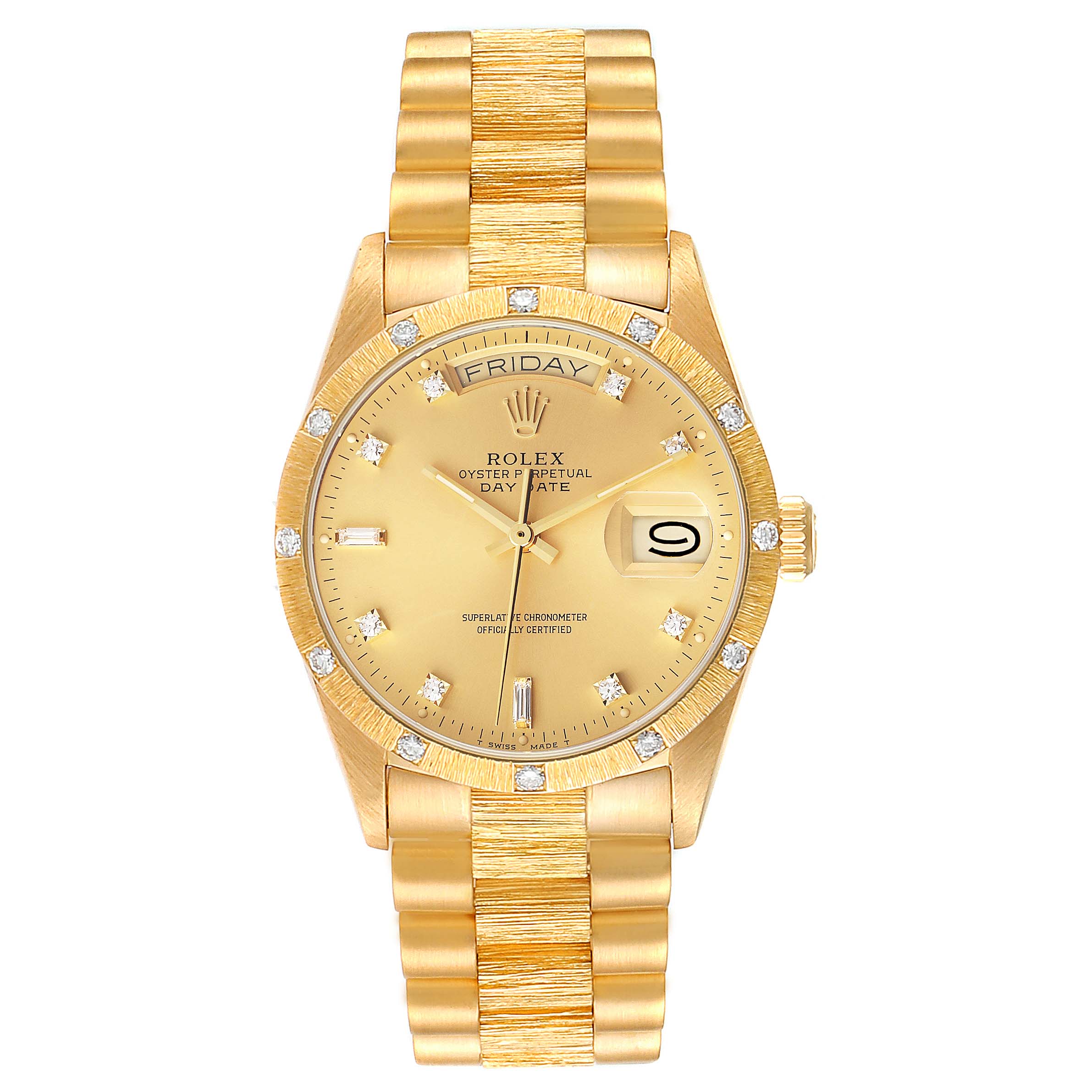 This image shows a front view of the Rolex President 18108 Men
s Yellow Gold Champagne Dial 18108 Men
s Yellow Gold Champagne Dial model, featuring the full gold bracelet, dial, and diamond markers.