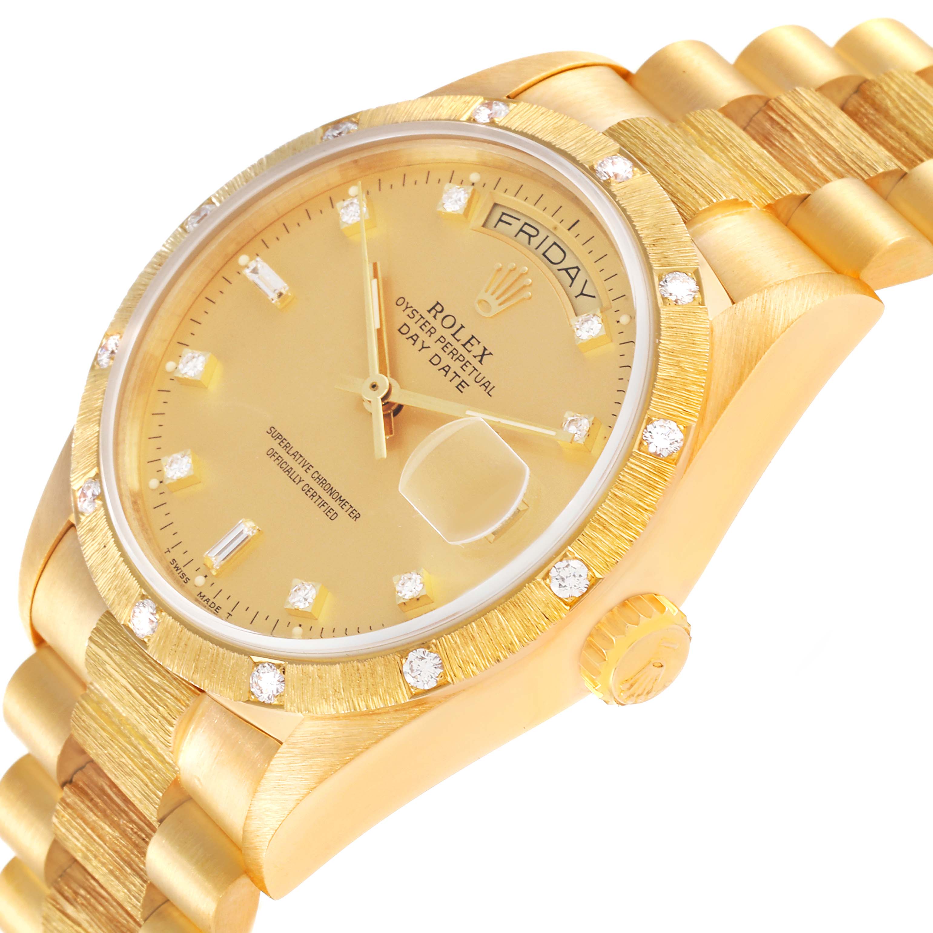 The image shows a Rolex President 18108 Men
s Yellow Gold Champagne Dial 18108 Men
s Yellow Gold Champagne Dial model watch at an oblique angle featuring the dial, bezel, crown, and part of the bracelet.