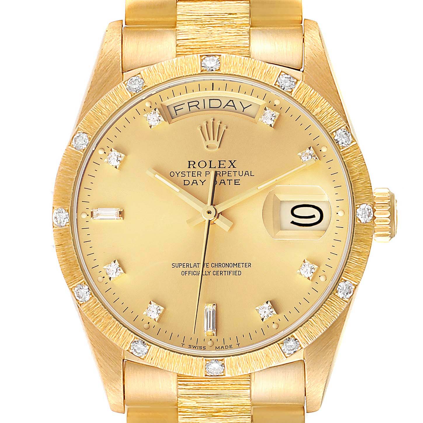 This image shows a front-facing view of a Rolex President 18108 Men
s Yellow Gold Champagne Dial 18108 Men
s Yellow Gold Champagne Dial Day-Date watch, highlighting its dial, bezel, and bracelet.