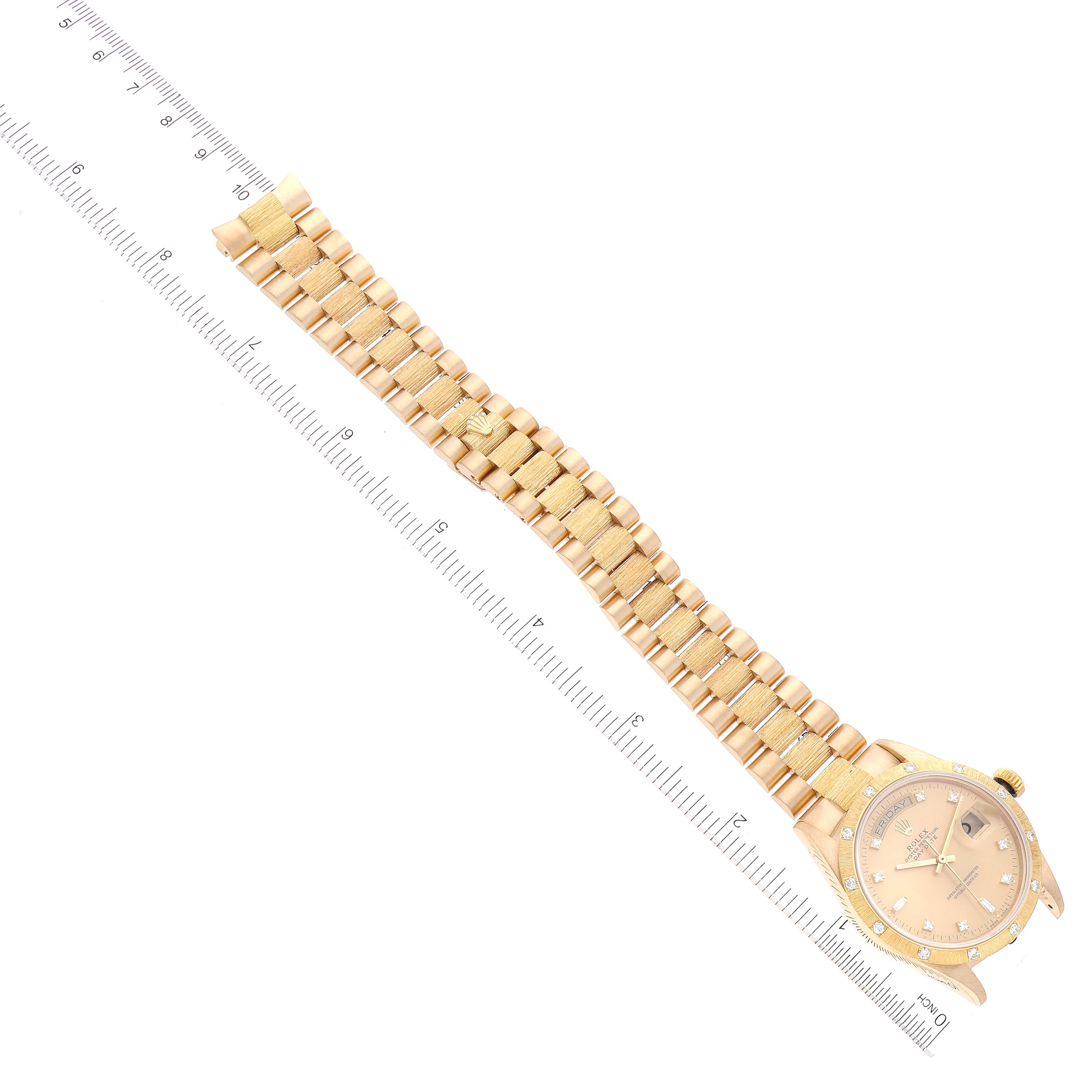 The image shows a Rolex President 18108 Men
s Yellow Gold Champagne Dial 18108 Men
s Yellow Gold Champagne Dial model watch laid flat with a ruler measuring its length.