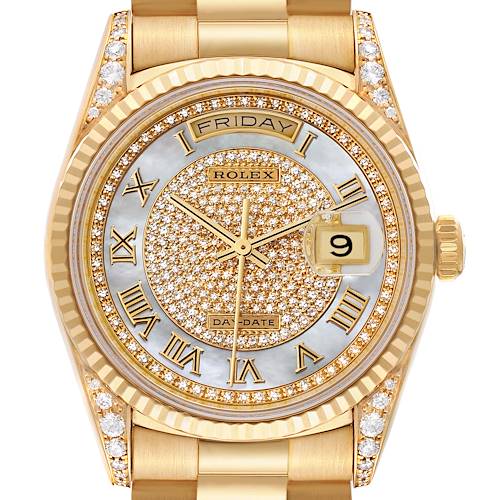 The Rolex President watch is shown from the front, displaying its detailed face, bezel, and part of the bracelet adorned with diamonds.