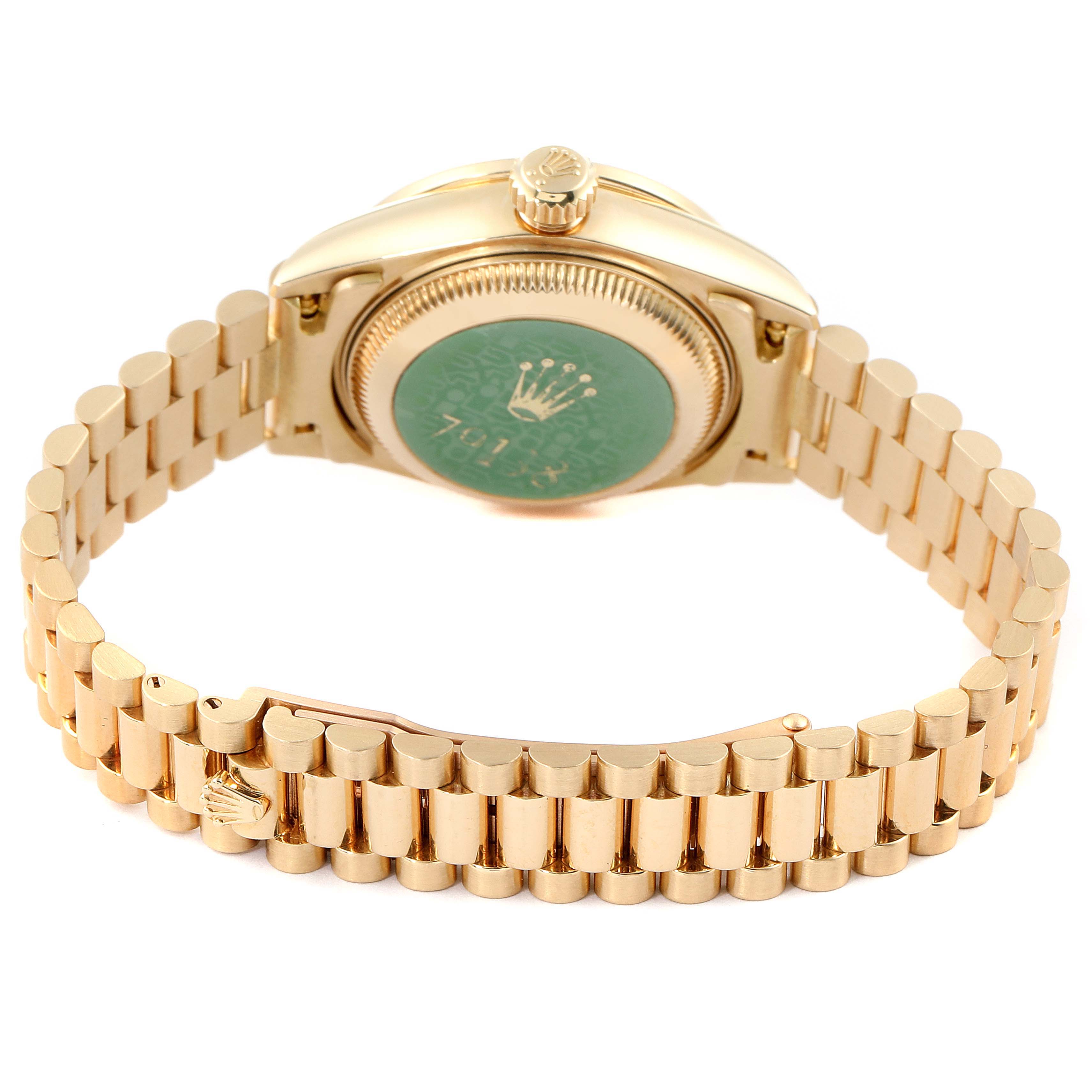 This image shows the back view of a Rolex President 79138 Women
s Yellow Gold Mother of Pearl Dial 79138 Women
s Yellow Gold Mother of Pearl Dial model watch, highlighting the bracelet and case back.