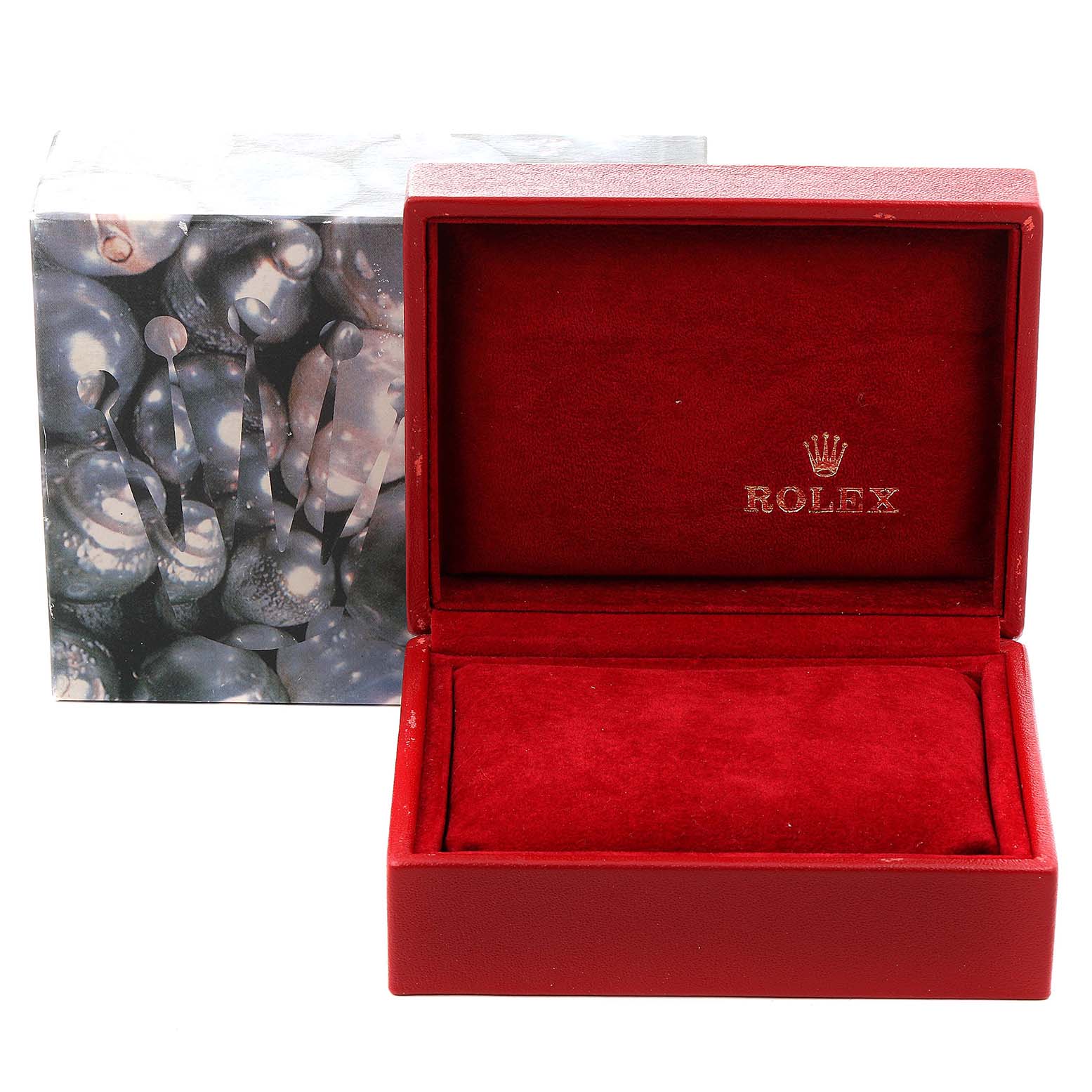 This image shows an empty red velvet box for a Rolex President 79138 Women
s Yellow Gold Mother of Pearl Dial 79138 Women
s Yellow Gold Mother of Pearl Dial model watch, with the outer packaging visible behind.