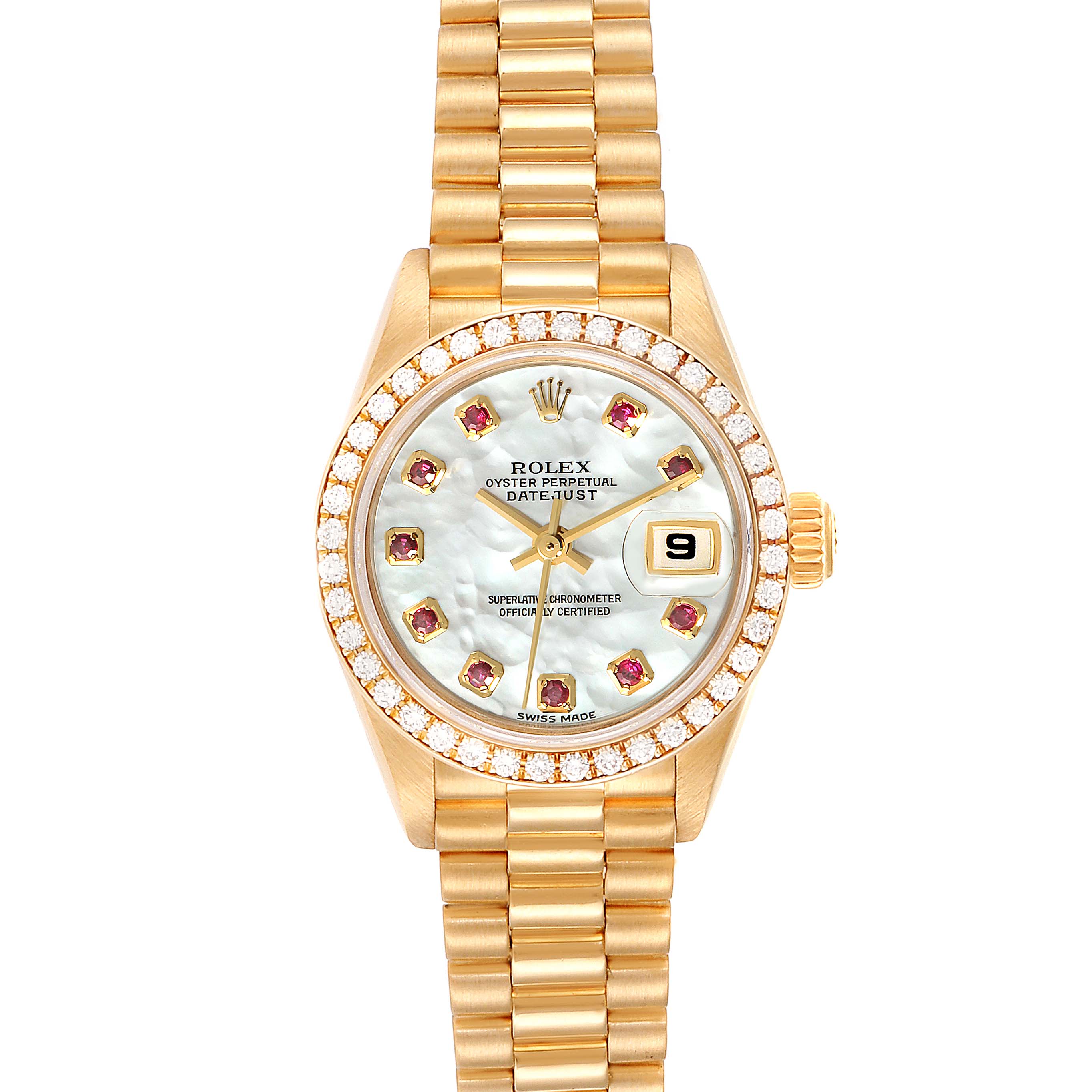 This is a frontal view of the Rolex President 79138 Women
s Yellow Gold Mother of Pearl Dial 79138 Women
s Yellow Gold Mother of Pearl Dial model, showing the face, band, and bezel with a date window.