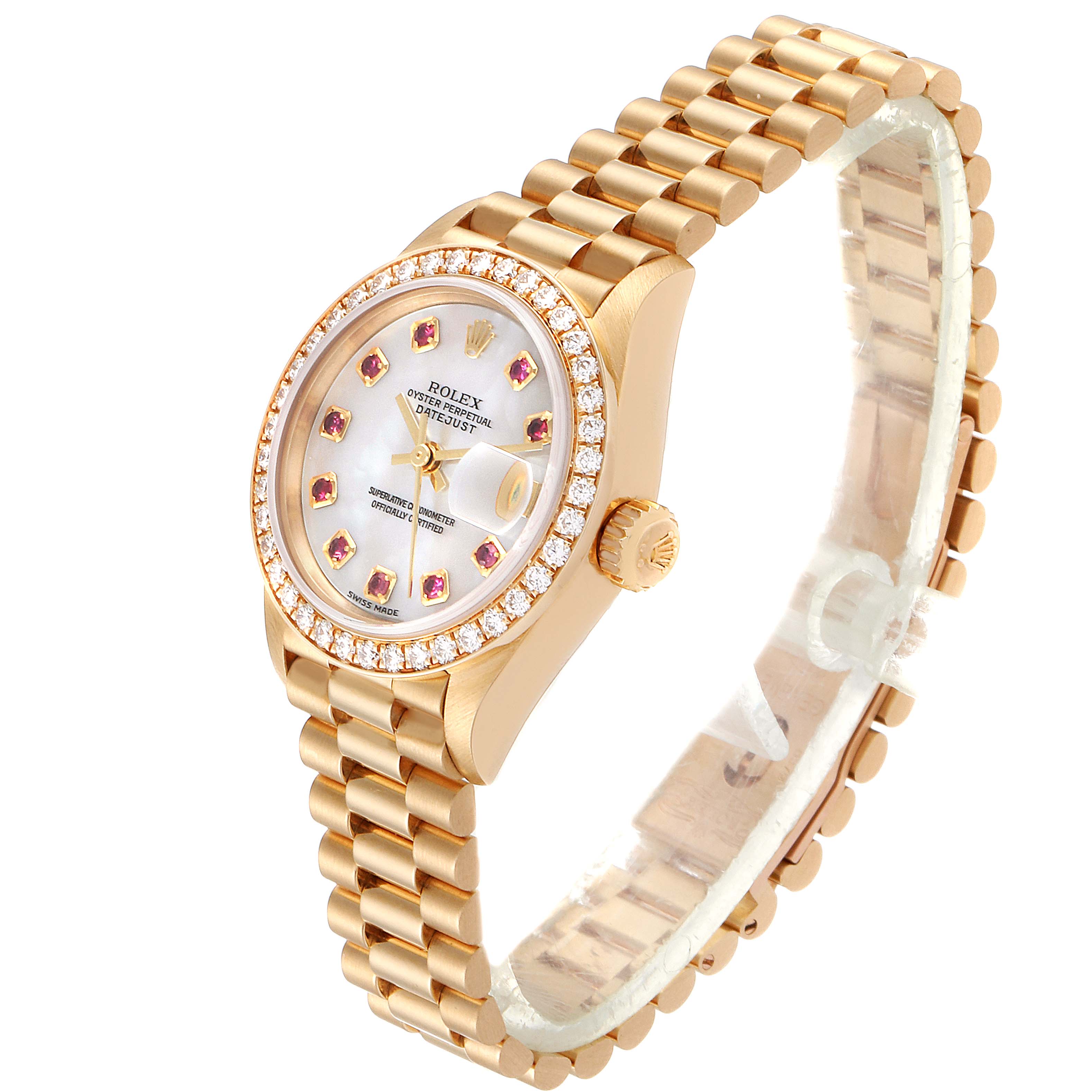 This image shows a Rolex President 79138 Women
s Yellow Gold Mother of Pearl Dial 79138 Women
s Yellow Gold Mother of Pearl Dial model watch from a side angle, displaying its band, bezel, and face.