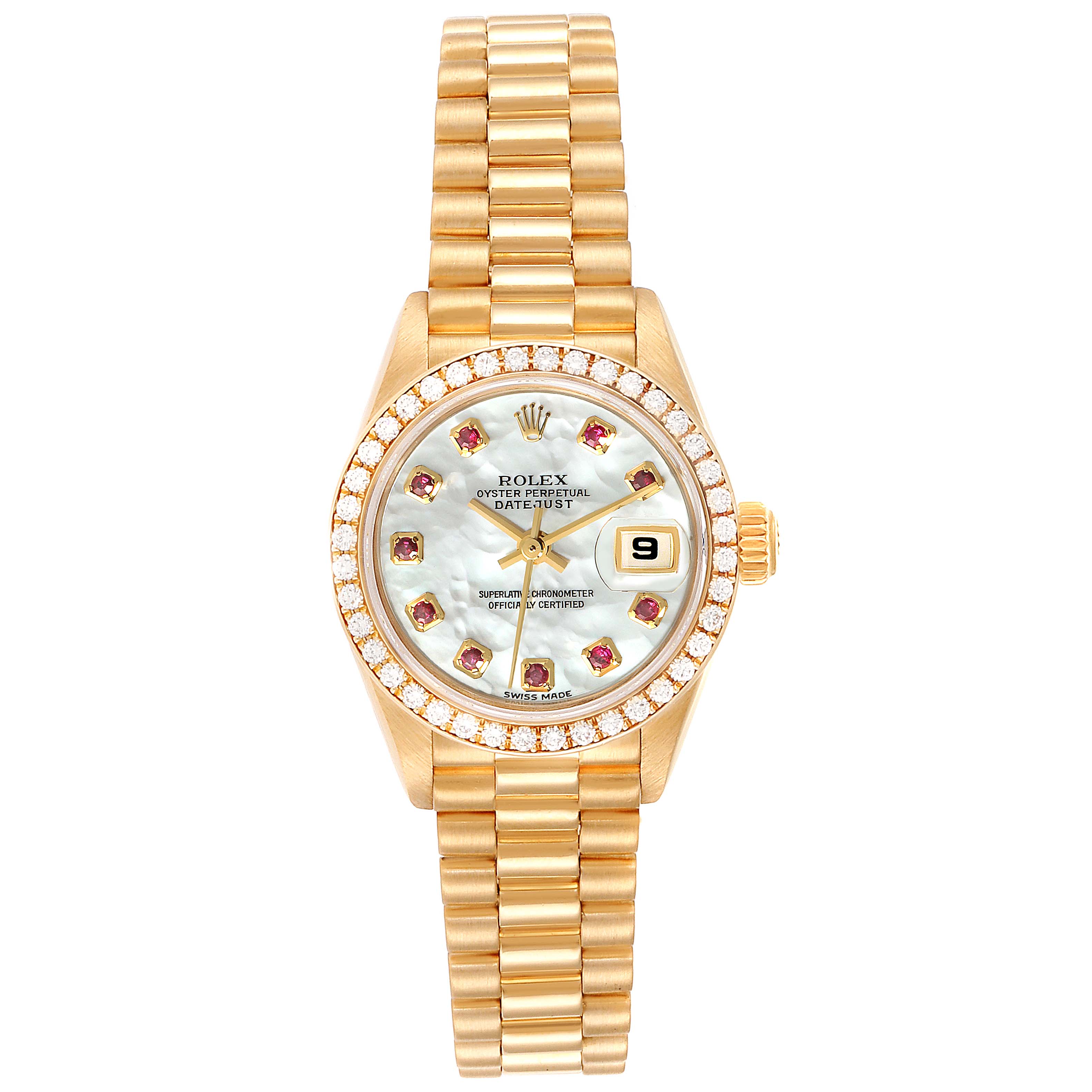 This is a front view of a Rolex President 79138 Women
s Yellow Gold Mother of Pearl Dial 79138 Women
s Yellow Gold Mother of Pearl Dial model watch showing the face, bezel, and full bracelet.