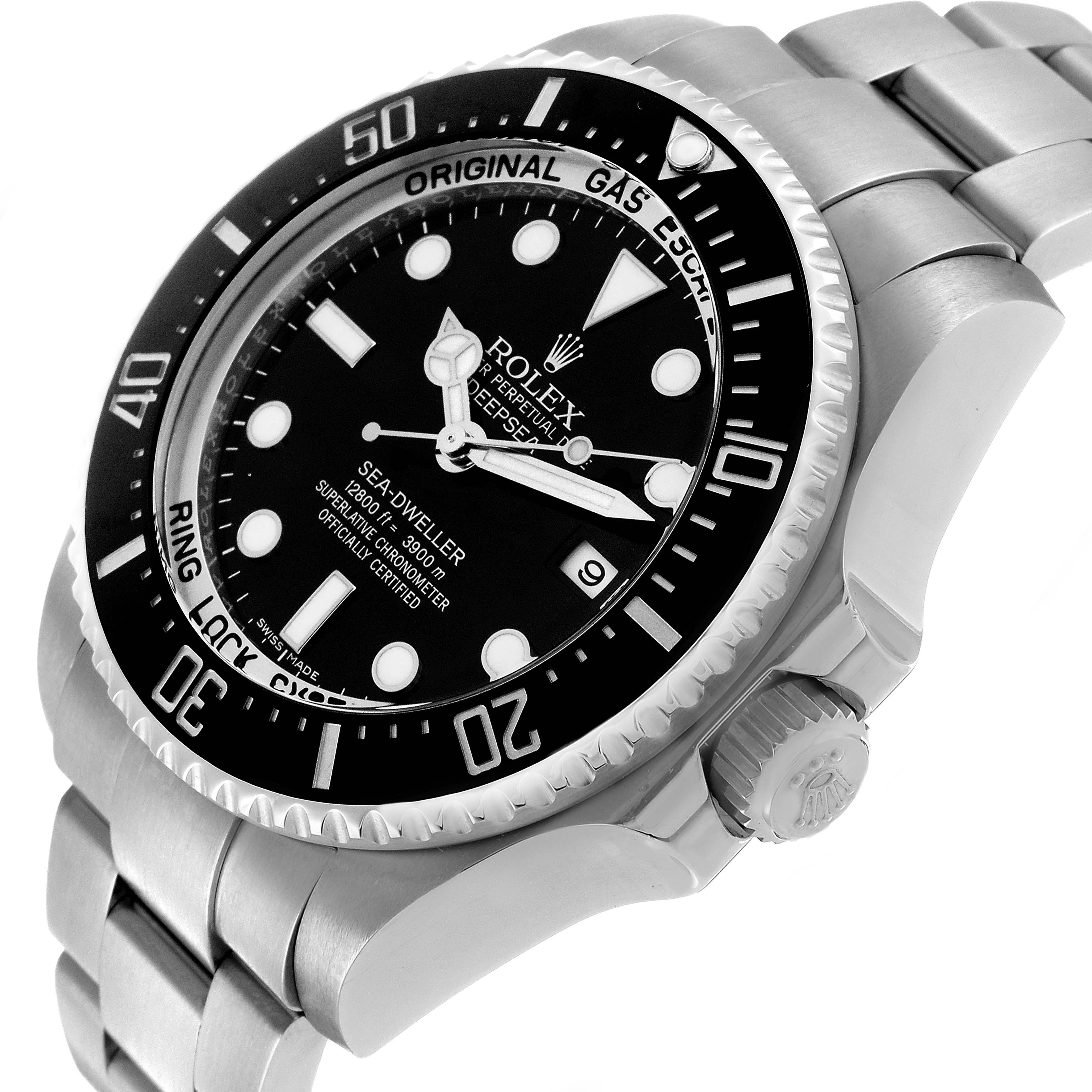 The Rolex Sea-Dweller 116660 Men's Stainless Steel Black Dial watch is shown at an angled side view, highlighting the dial, bezel, crown, and bracelet.