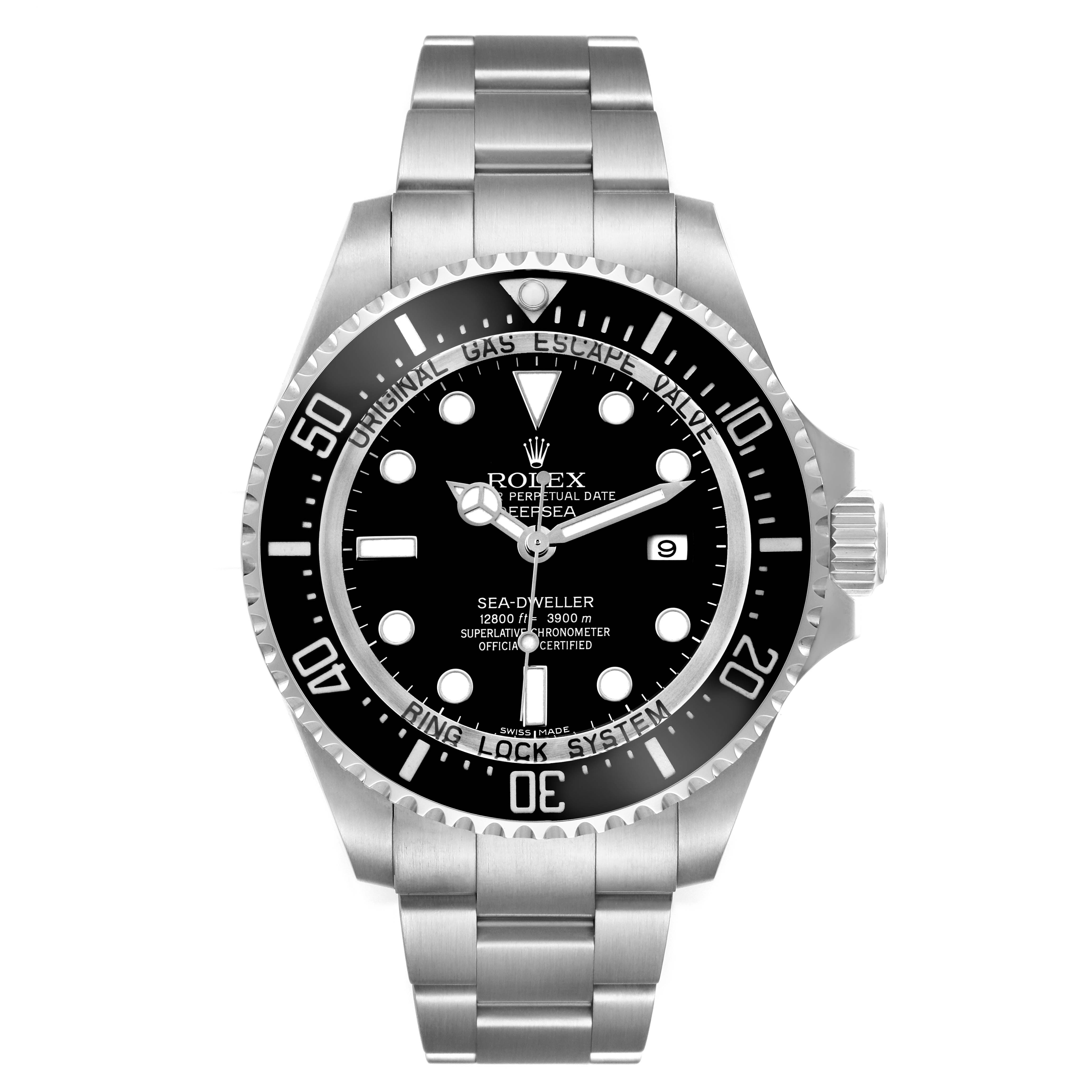 The Rolex Sea-Dweller 116660 Men's Stainless Steel Black Dial watch is shown from a front angle, displaying the dial, bezel, and bracelet.