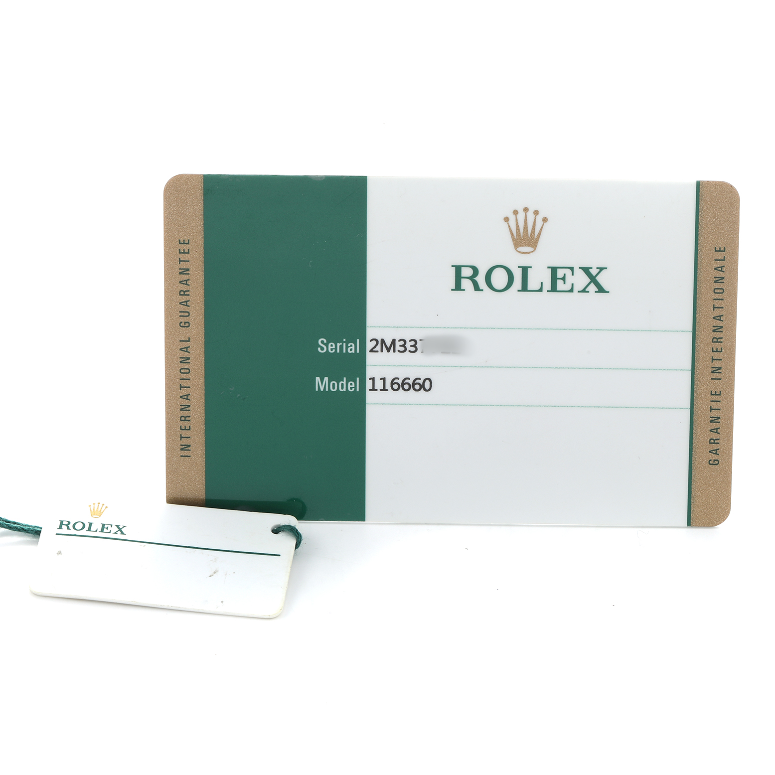 The image shows the guarantee card and tag for the Rolex Sea-Dweller 116660 Men's Stainless Steel Black Dial model.