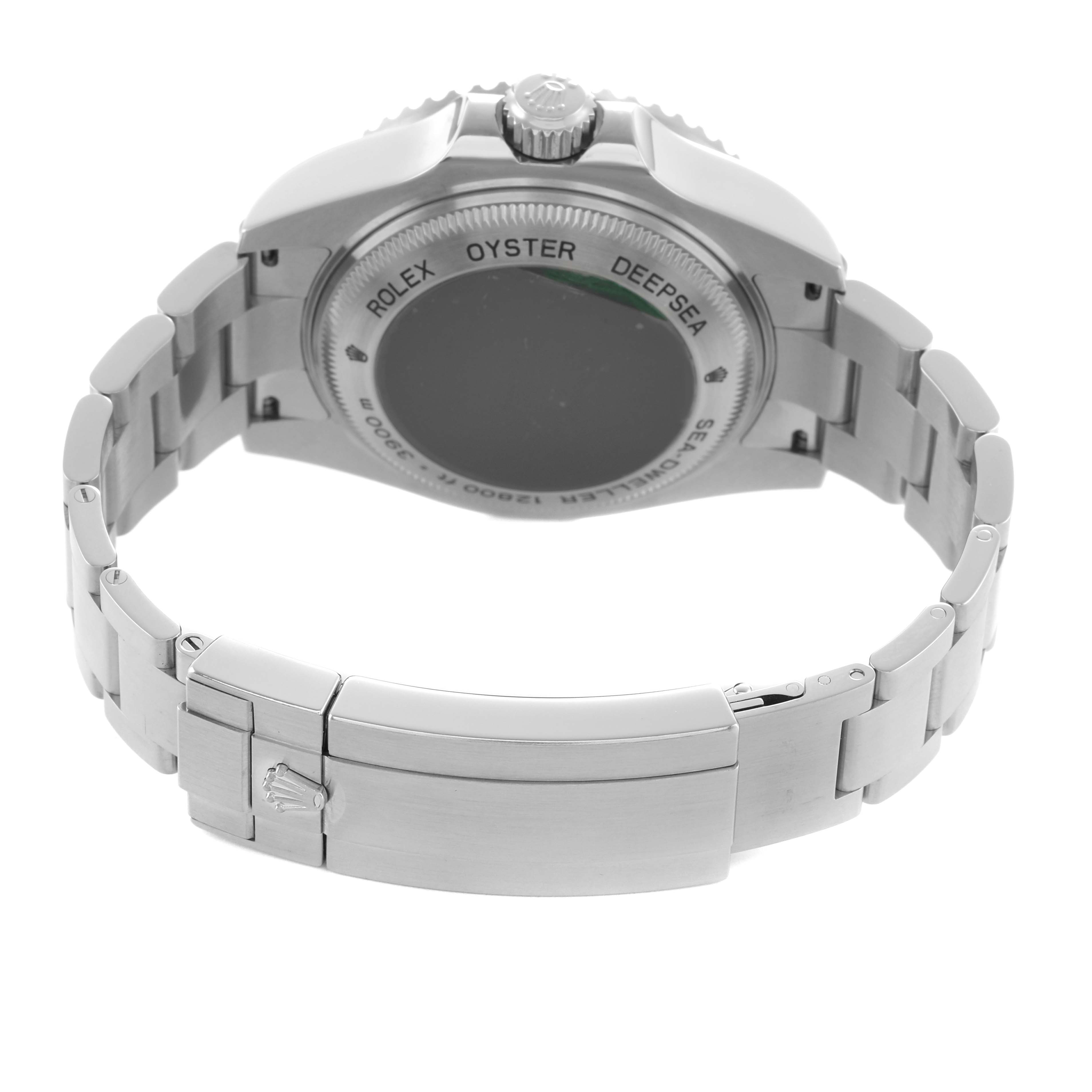 The image shows the back and bracelet of a Rolex Sea-Dweller 116660 Men's Stainless Steel Black Dial, highlighting the clasp and case back.