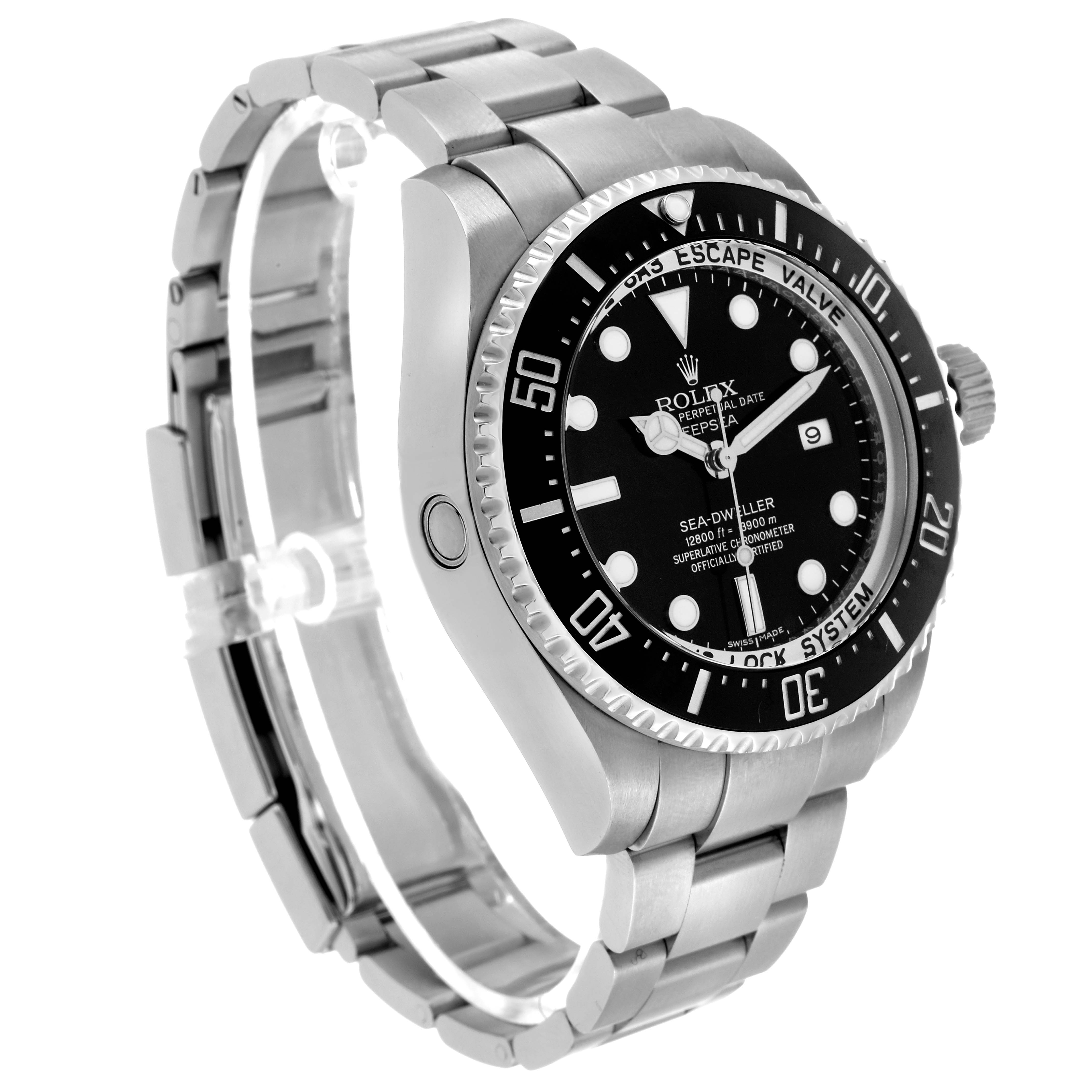 The Rolex Sea-Dweller 116660 Men's Stainless Steel Black Dial watch is shown at a three-quarter angle, displaying the face, bezel, crown, and bracelet.