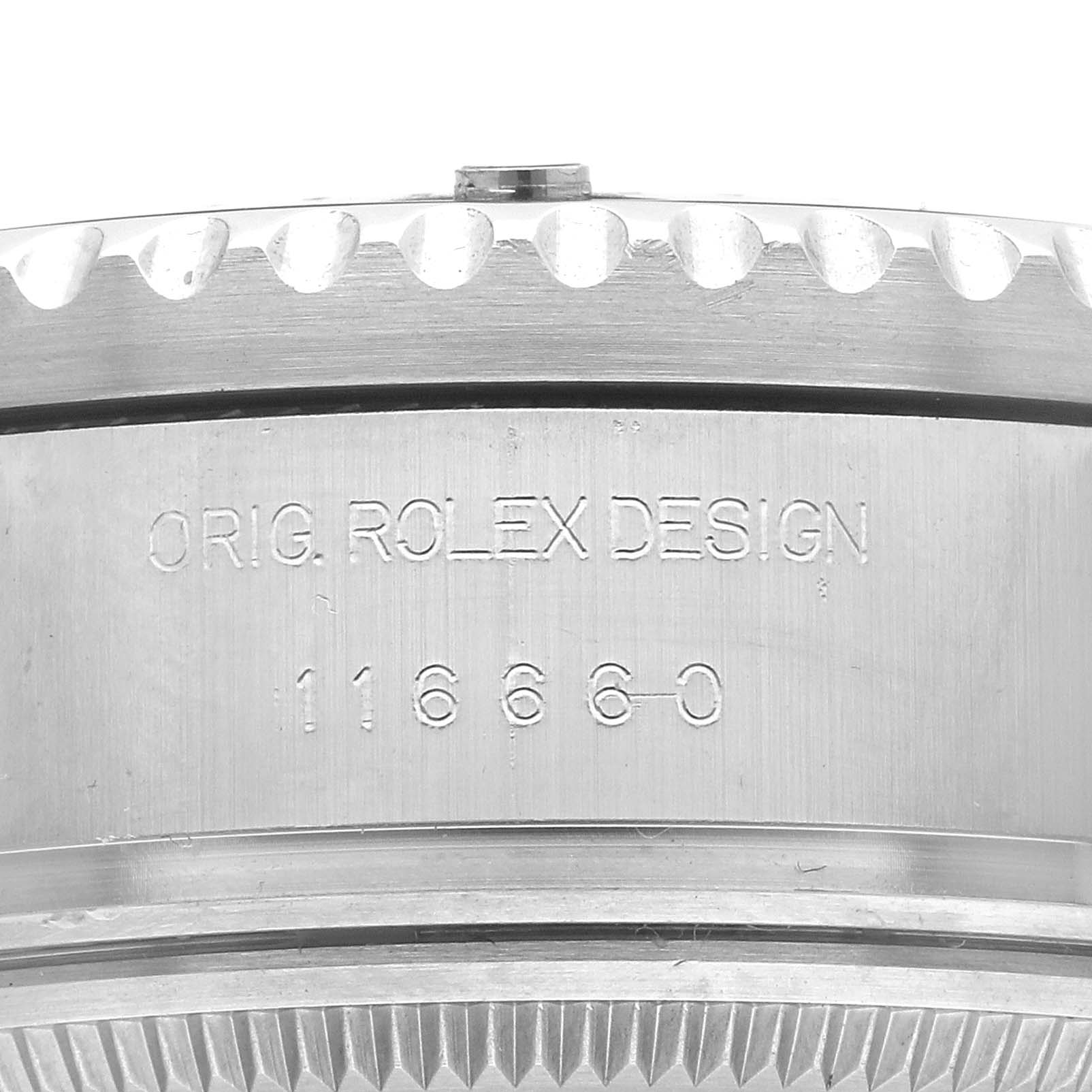 The image shows a close-up of the side of the Rolex Sea-Dweller 116660 Men's Stainless Steel Black Dial, displaying the model number and "ORIG. ROLEX DESIGN" engraving.